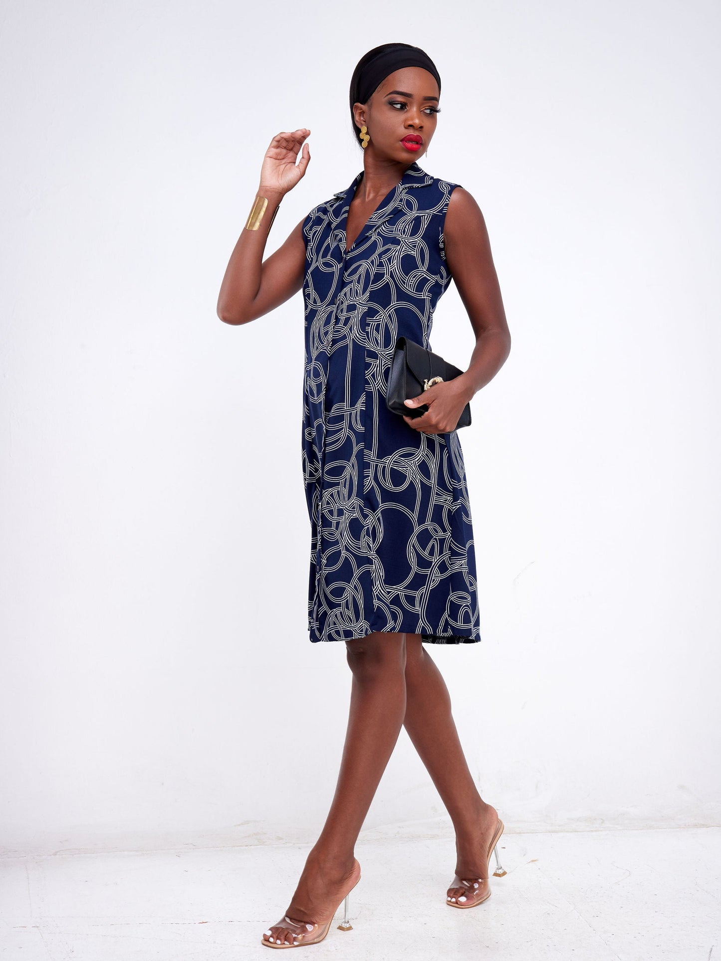 Vivo Pesi Lapel Collar A-Line Dress - Navy Blue / White Geometric Print