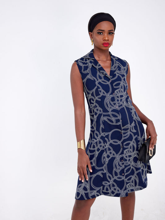 Vivo Pesi Lapel Collar A-Line Dress - Navy Blue / White Geometric Print