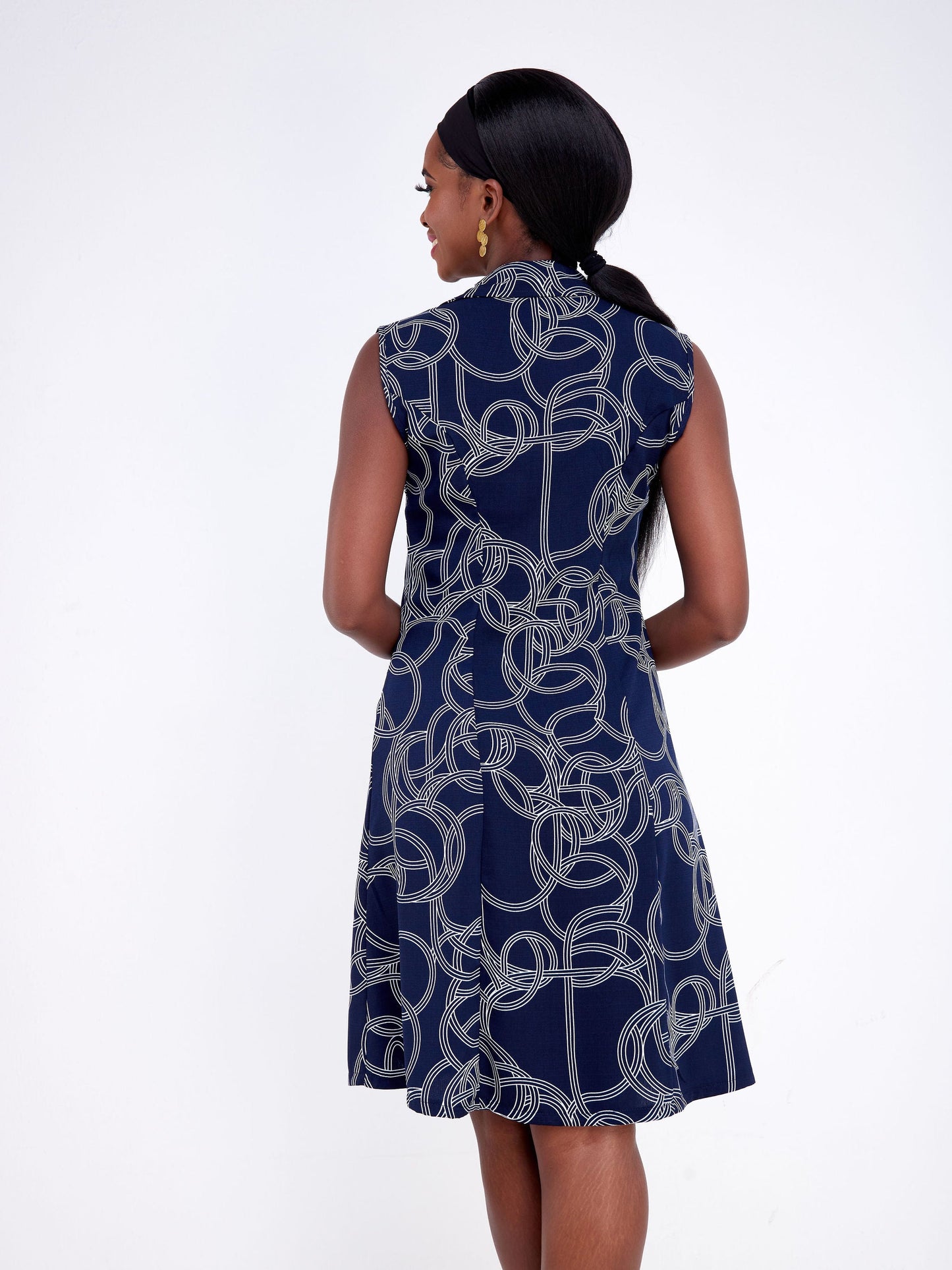 Vivo Pesi Lapel Collar A-Line Dress - Navy Blue / White Geometric Print