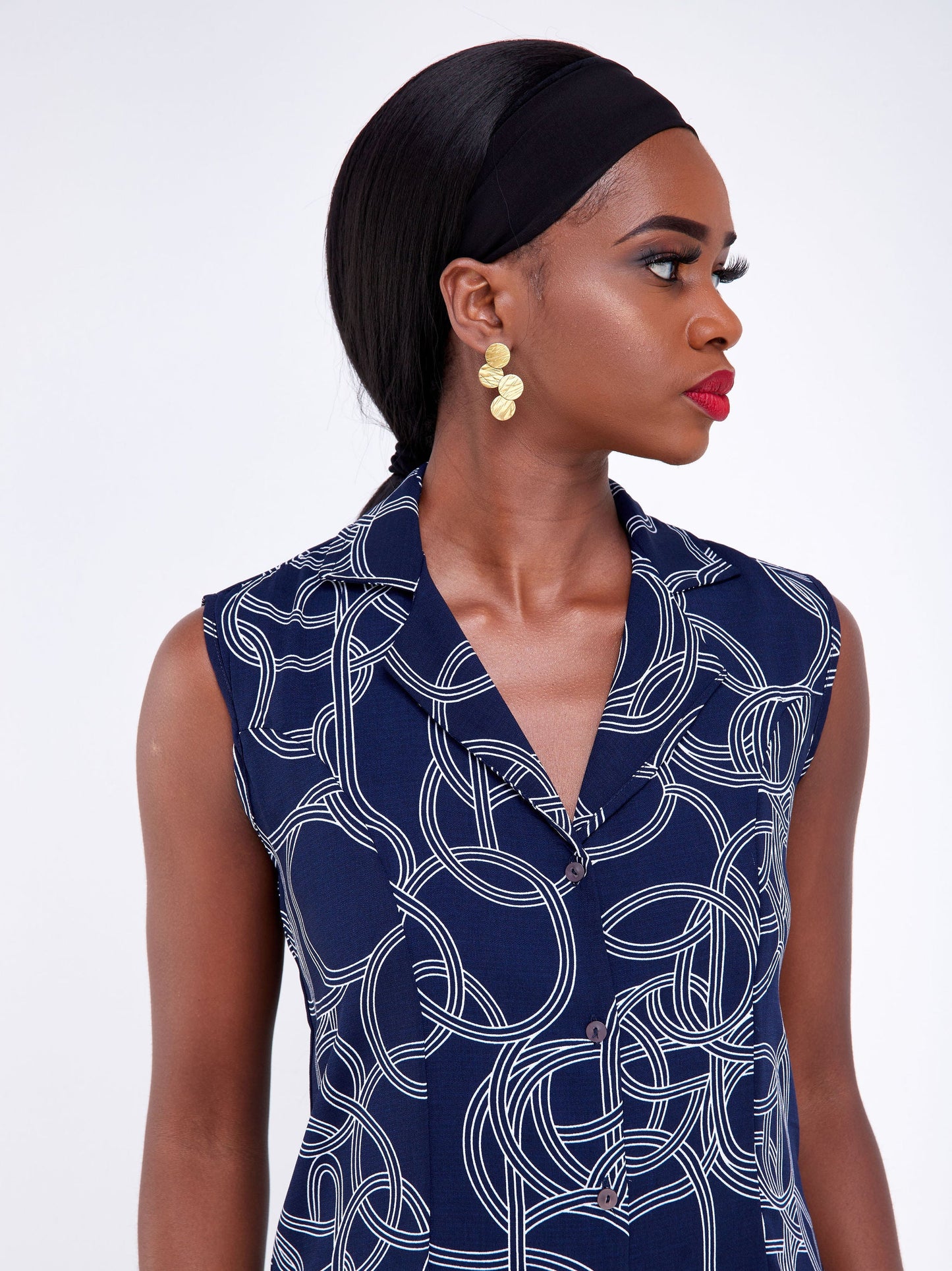 Vivo Pesi Lapel Collar A-Line Dress - Navy Blue / White Geometric Print