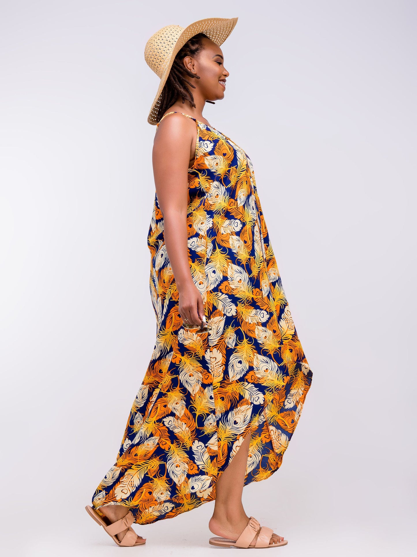 Vivo Zola Strappy High Low Maxi Dress - Navy Blue / Orange Abstract Print