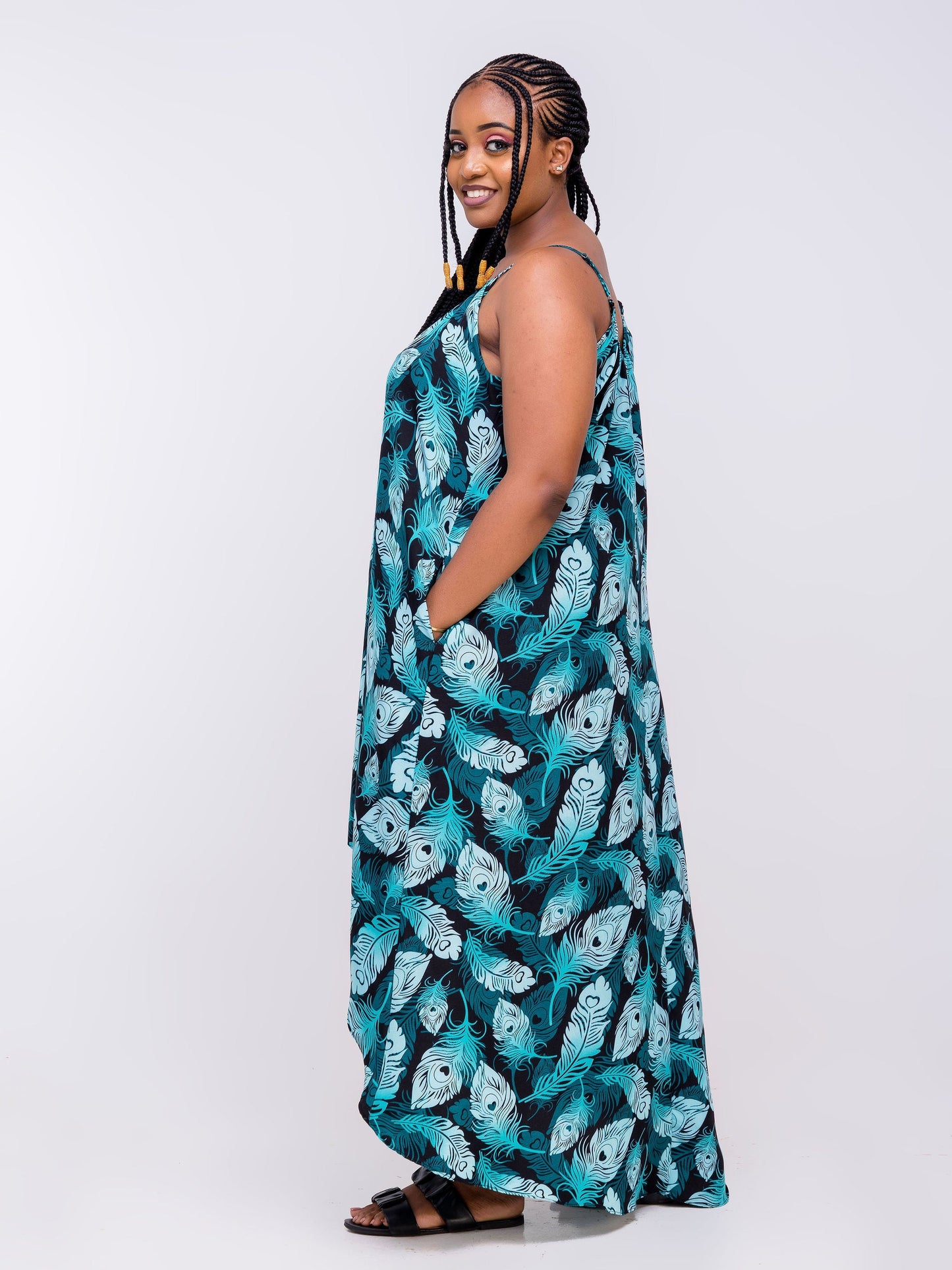 Vivo Zola Strappy High Low Maxi Dress - Black / Teal Abstract Print