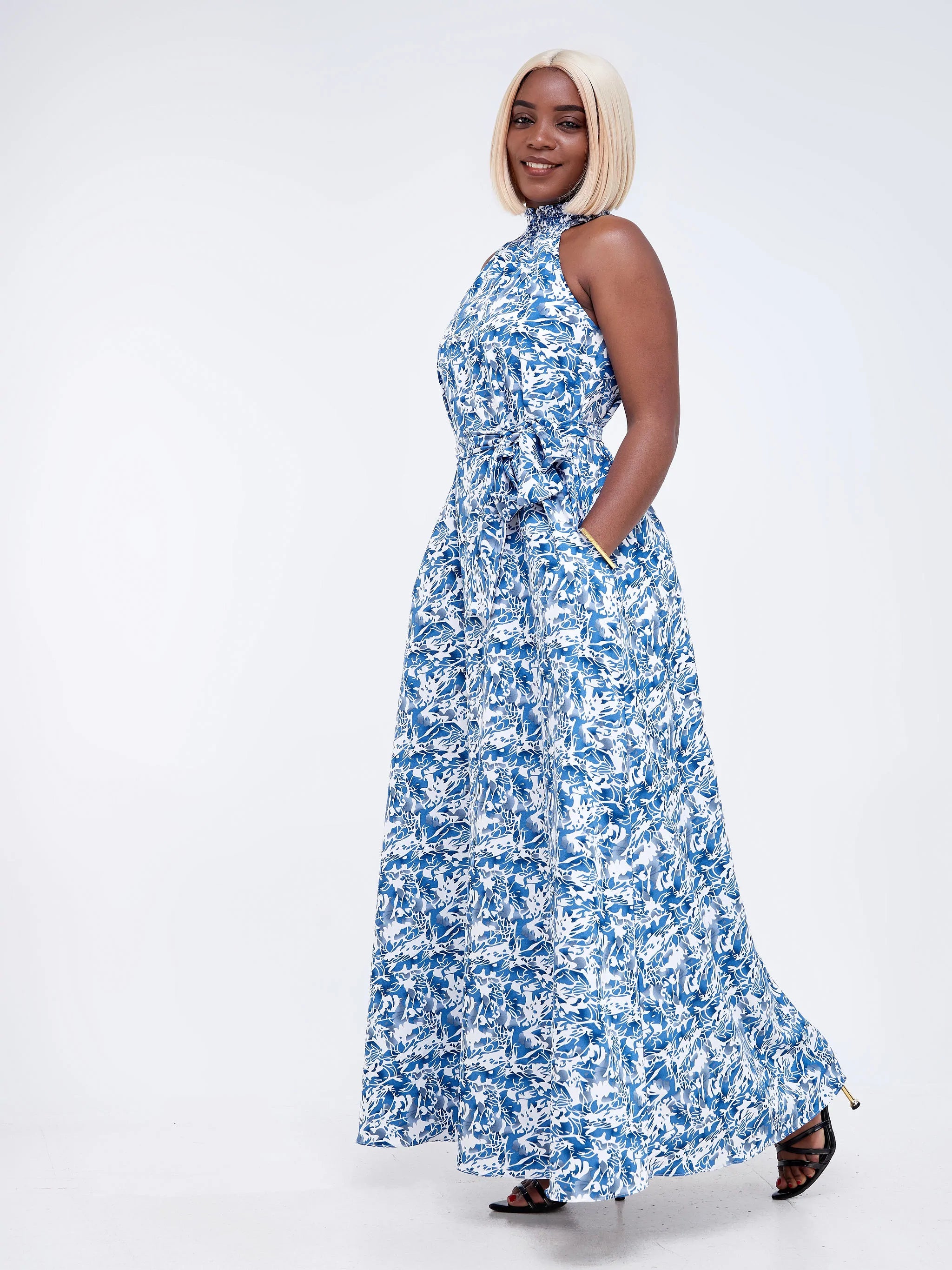 Vivo Alek Halter Neck Maxi Dress - Blue/White Abstract Print