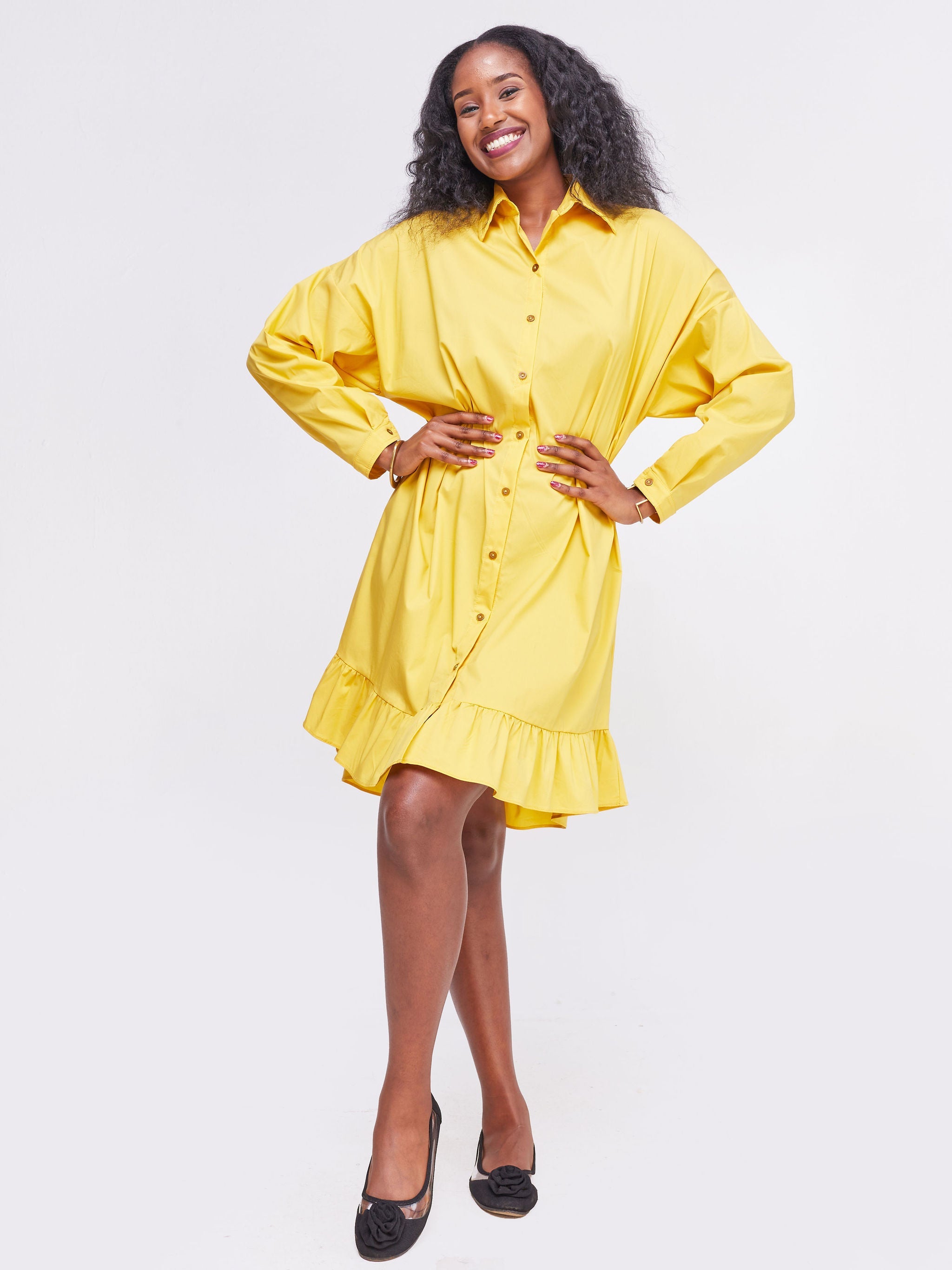 Safari Kaya Long Sleeve Dolman Flounce Shirt Dress - Mustard