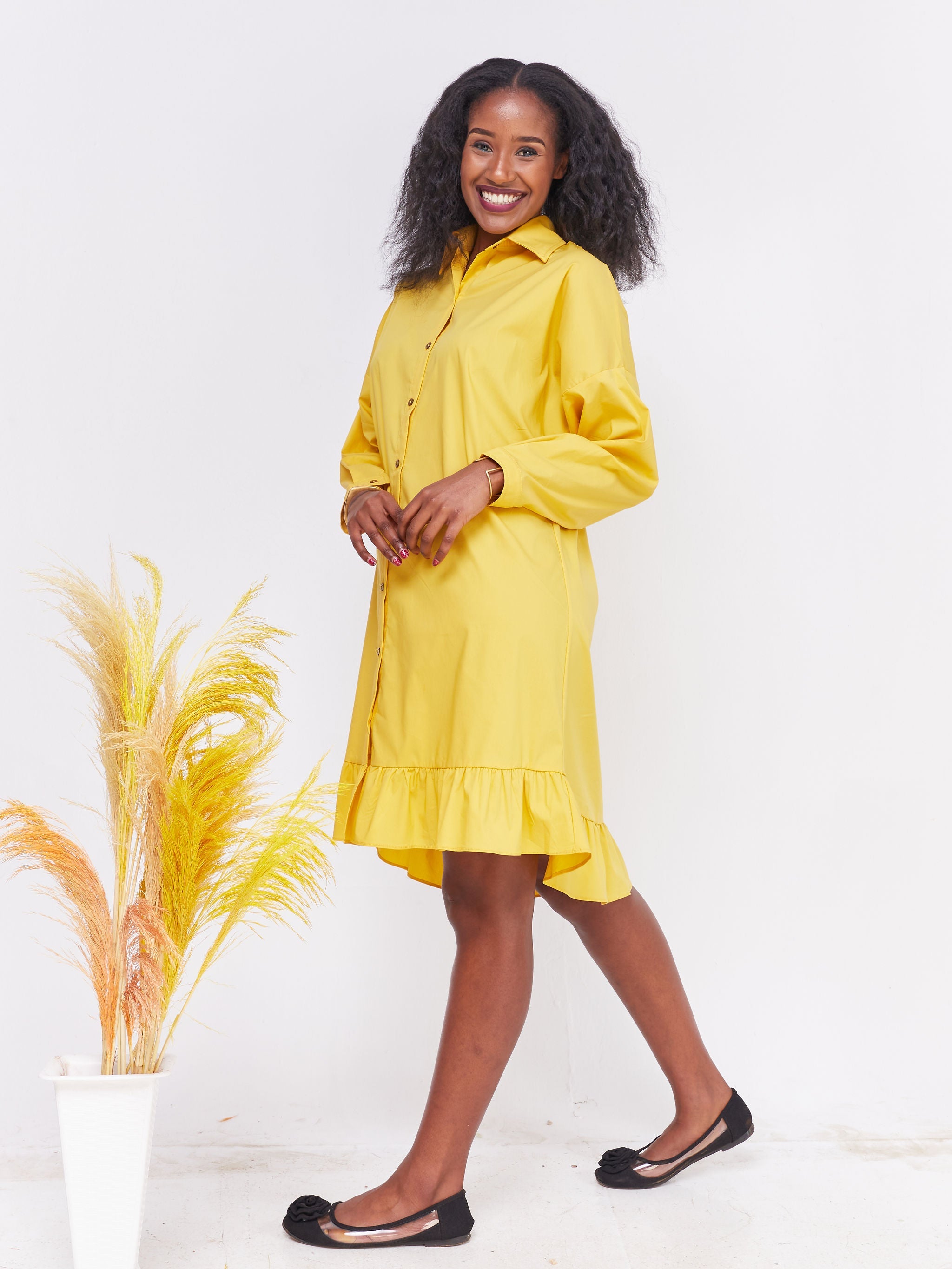 Safari Kaya Long Sleeve Dolman Flounce Shirt Dress - Mustard