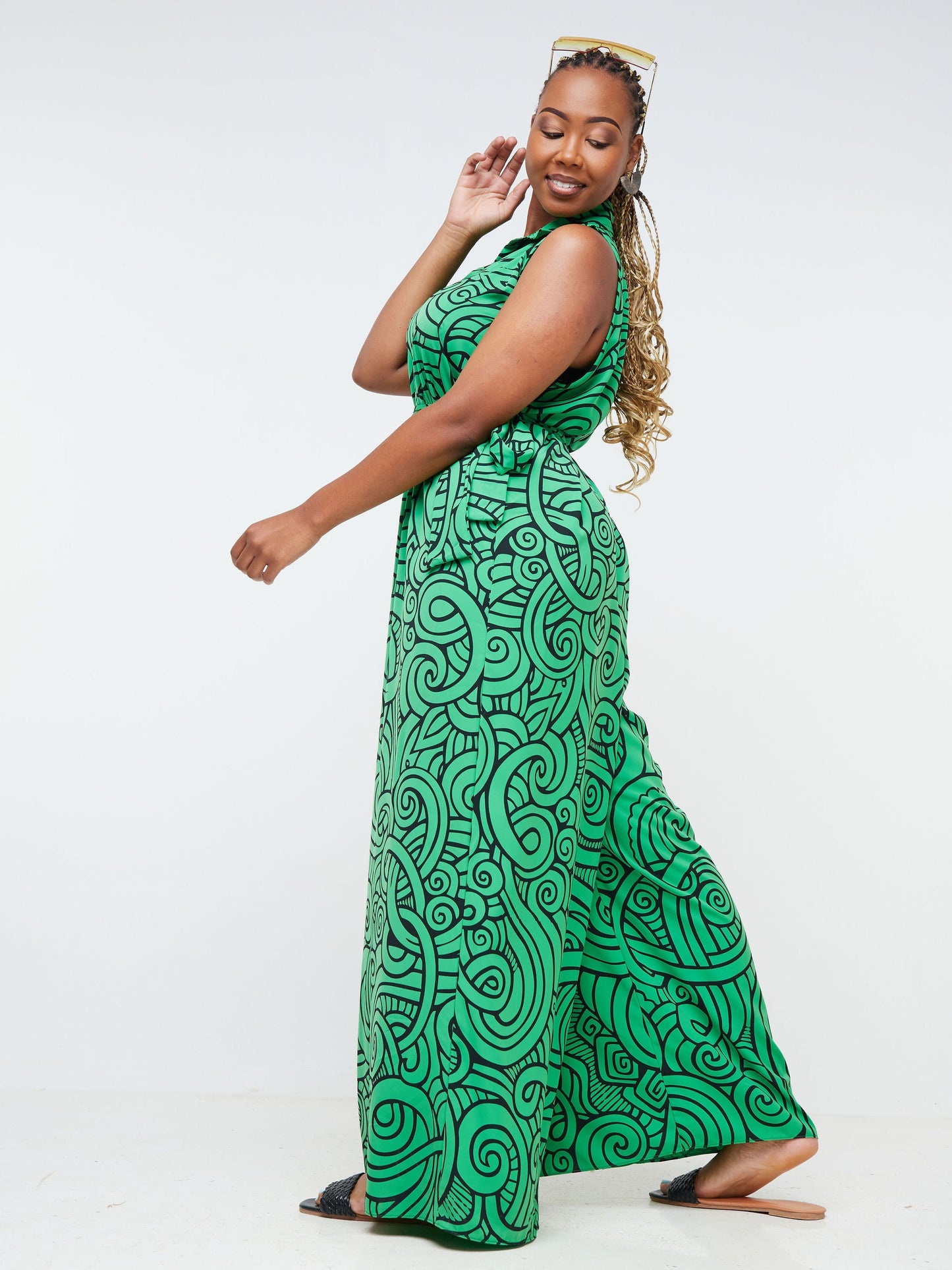 Vivo Nana Halter Tent Jumpsuit - Light Green / Black Abstract Print
