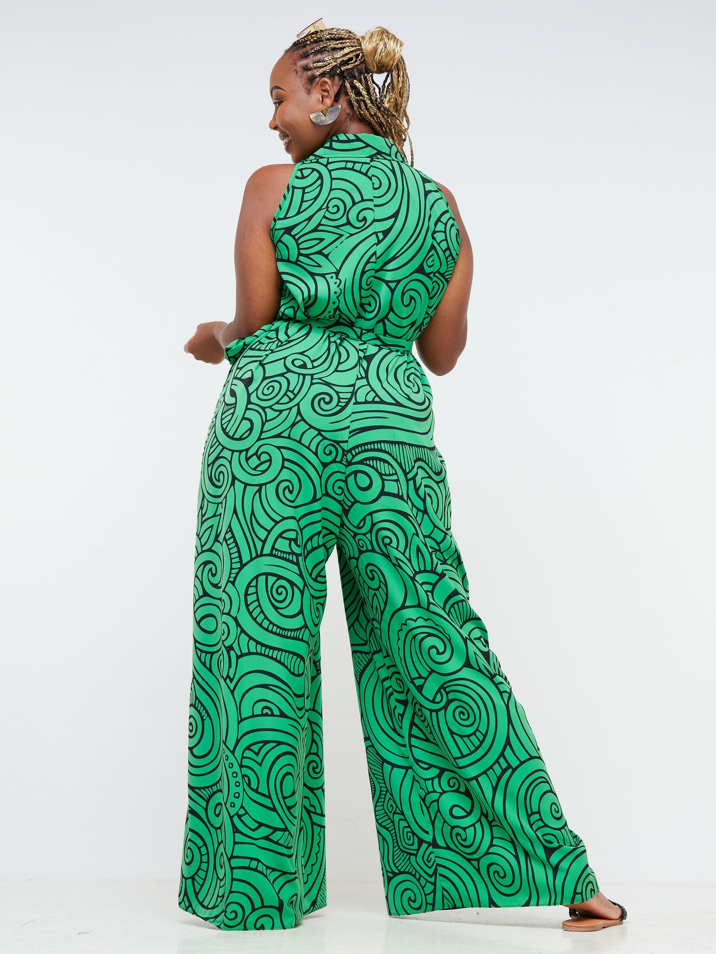 Vivo Nana Halter Tent Jumpsuit - Light Green / Black Abstract Print