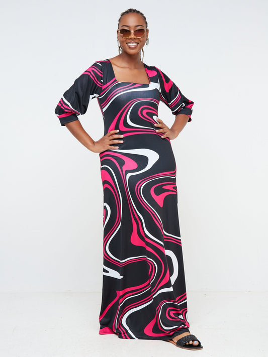 Vivo Nana Square Neck Maxi Dress - Black / Pink Abstract Print