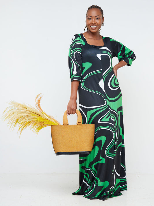 Vivo Nana Square Neck Maxi Dress - Black / Green Abstract Print