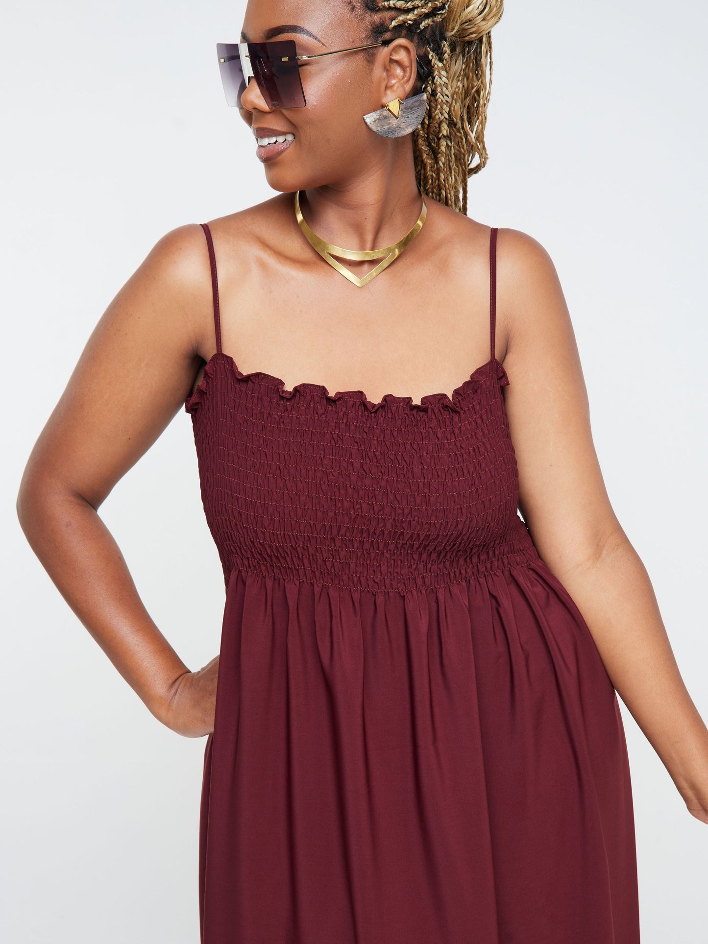 Vivo Nana Shirred Maxi Dress - Maroon