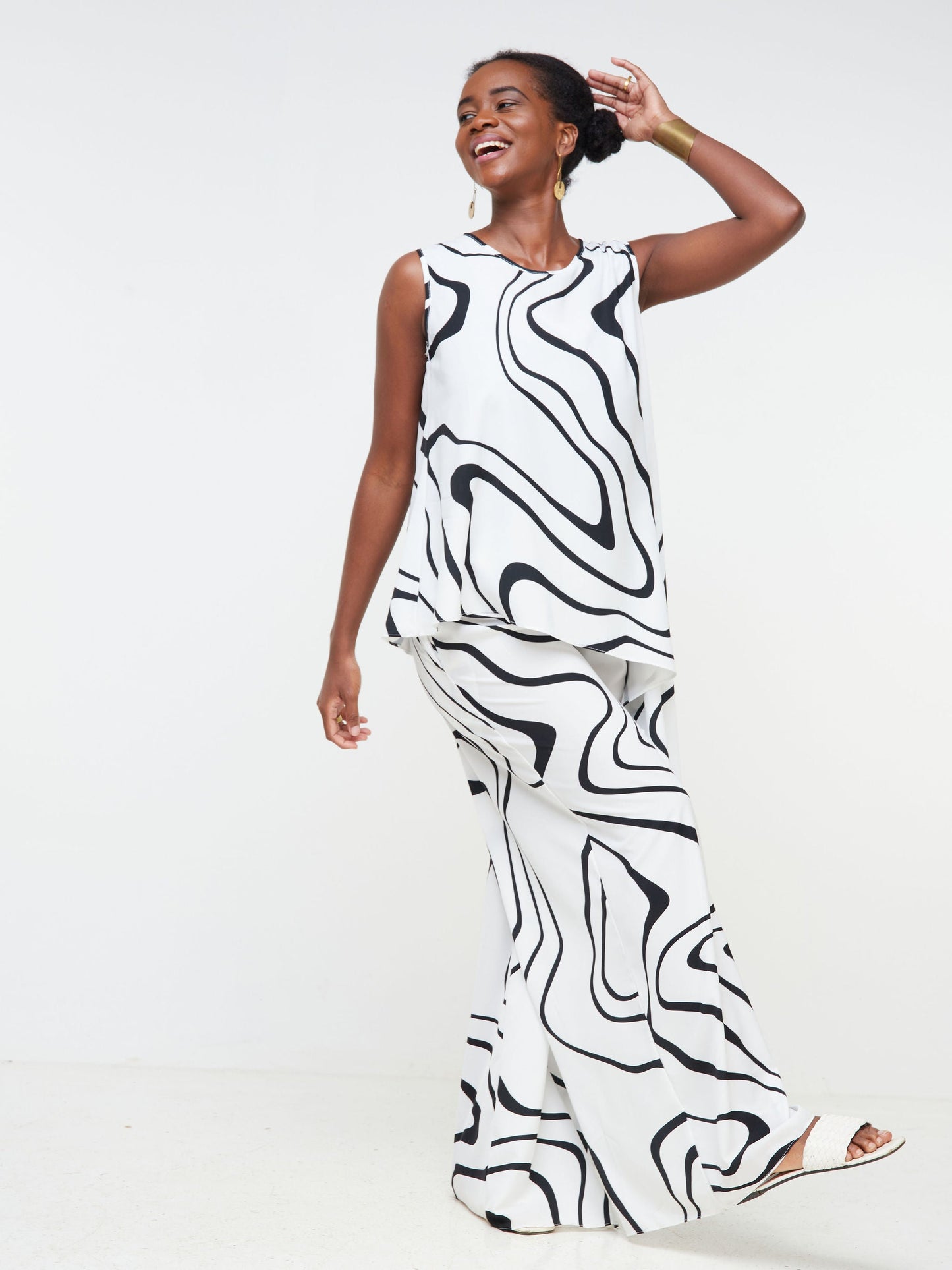 Vivo Nana Shirred Pants - Black / White Abstract Print