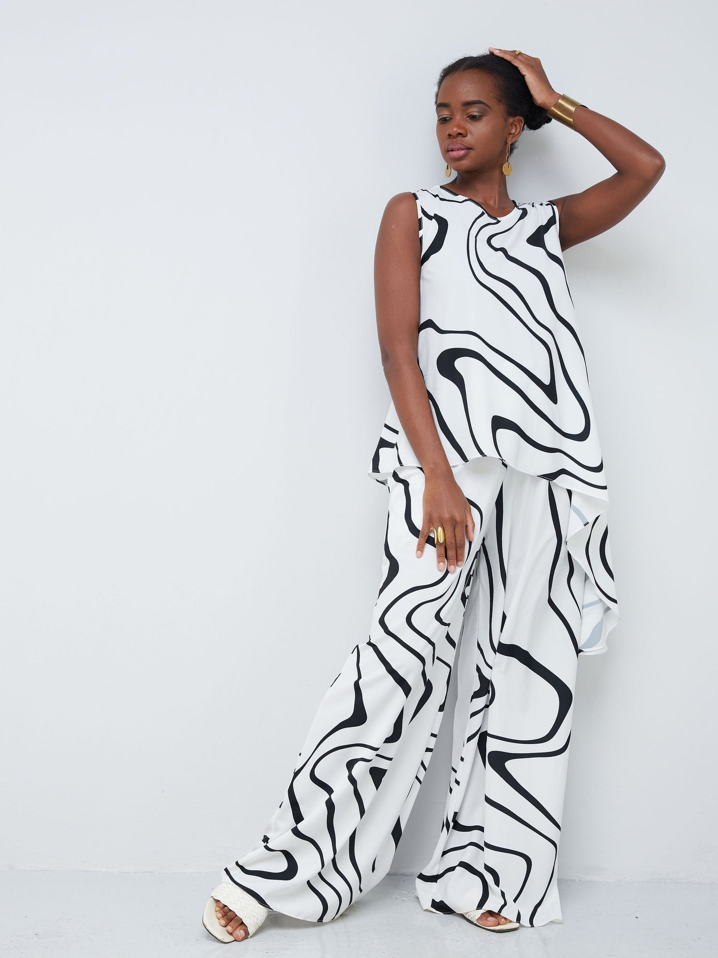 Vivo Nana Shirred Pants - Black / White Abstract Print