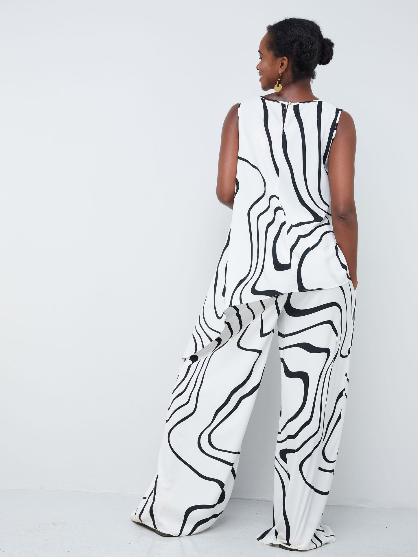 Vivo Nana Shirred Pants - Black / White Abstract Print