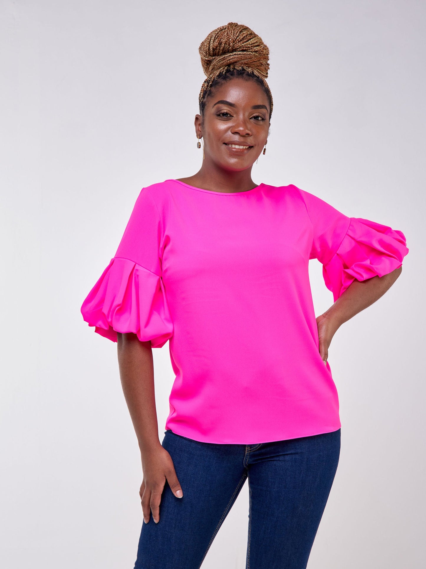 Vivo Basic Boundneck Puff Sleeve Top - Neon Pink