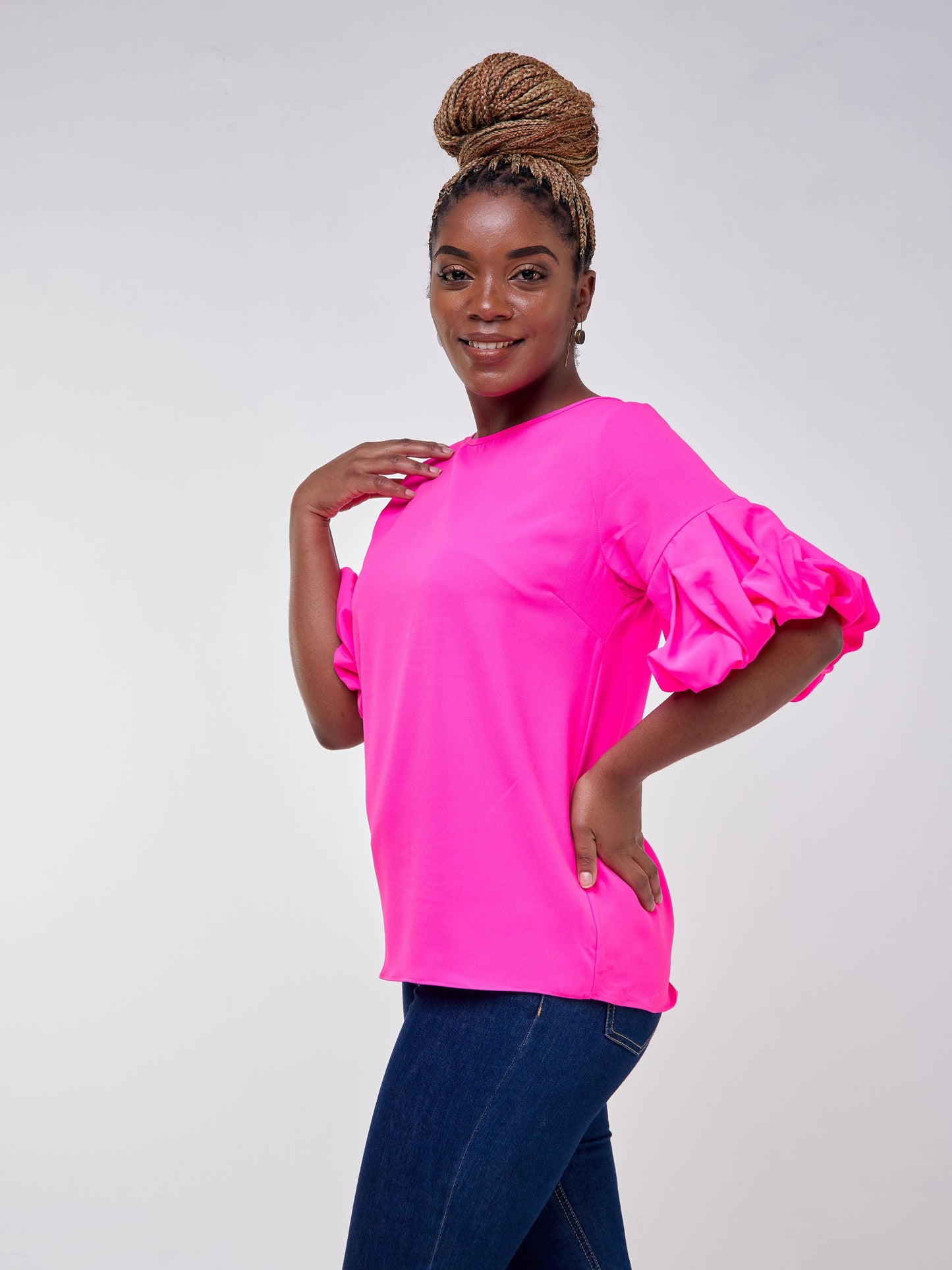 Vivo Basic Boundneck Puff Sleeve Top - Neon Pink