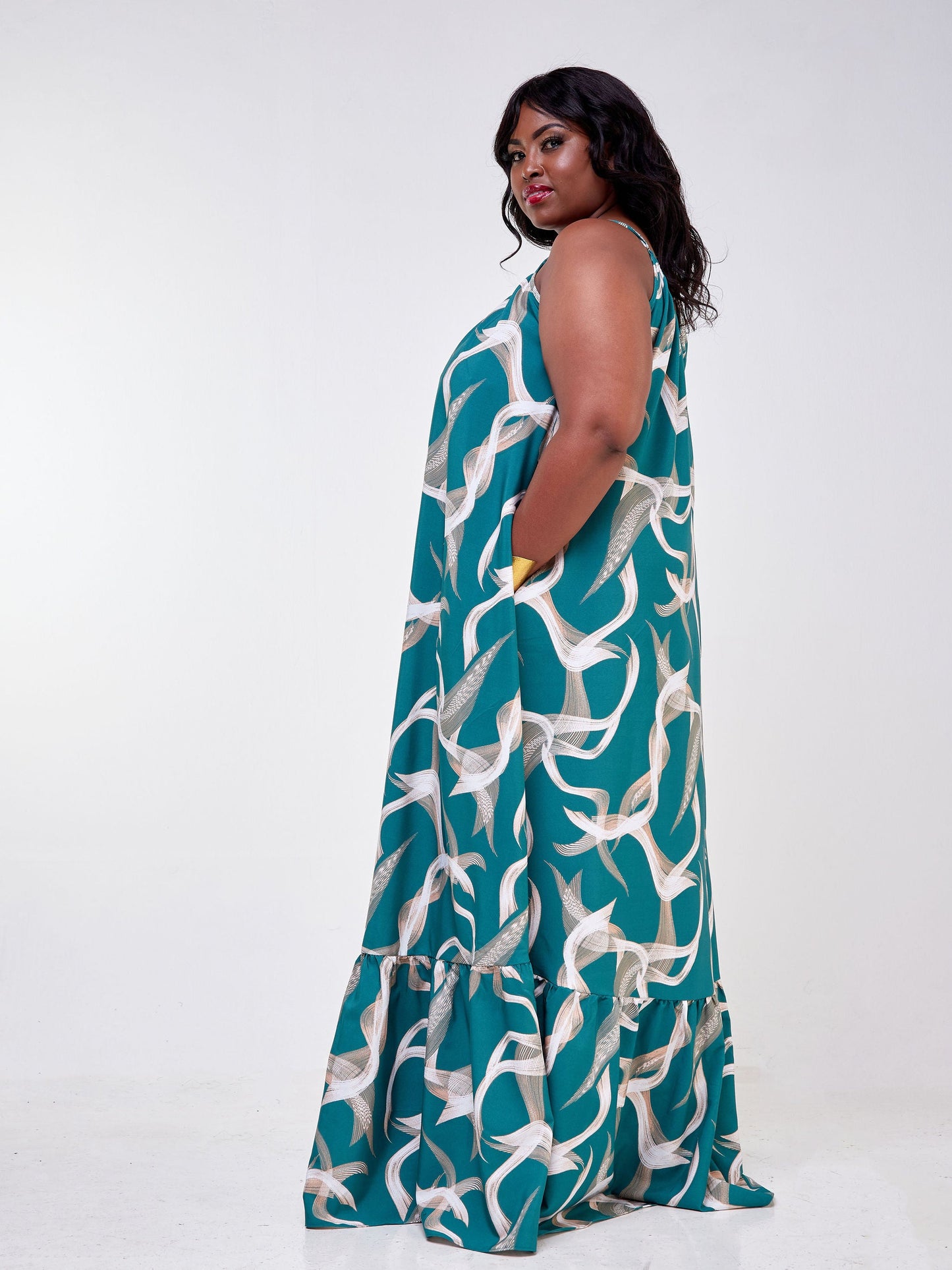 Vivo Luna Single Tiered Strappy Maxi Dress - Green / Taupe Abstract Print