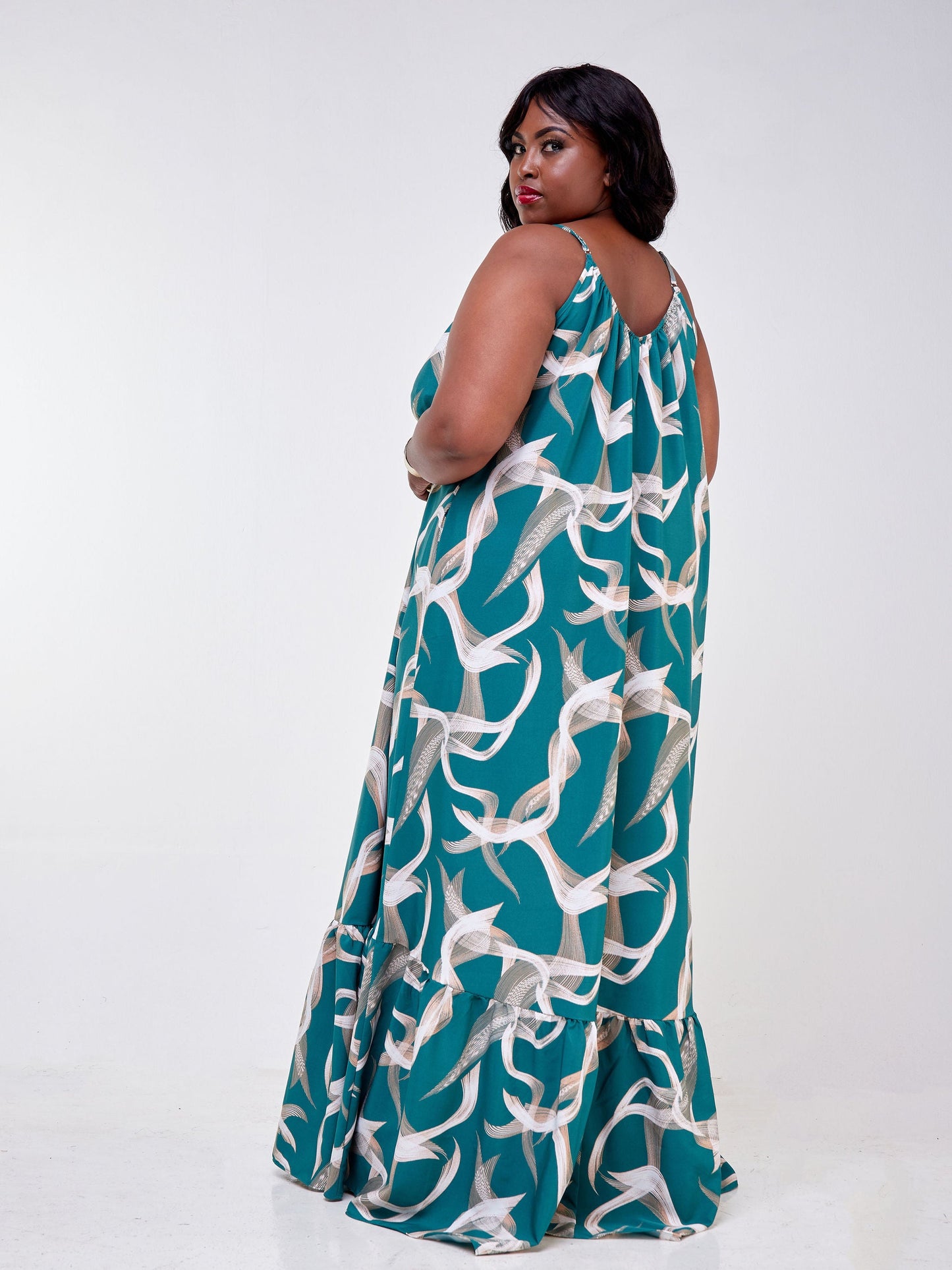Vivo Luna Single Tiered Strappy Maxi Dress - Green / Taupe Abstract Print