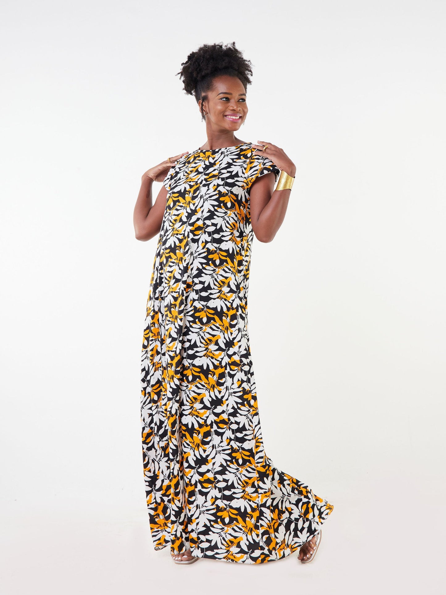 Vivo Basic Cap Sleeved Tent Maxi Dress - Mustard / Black Floral Print