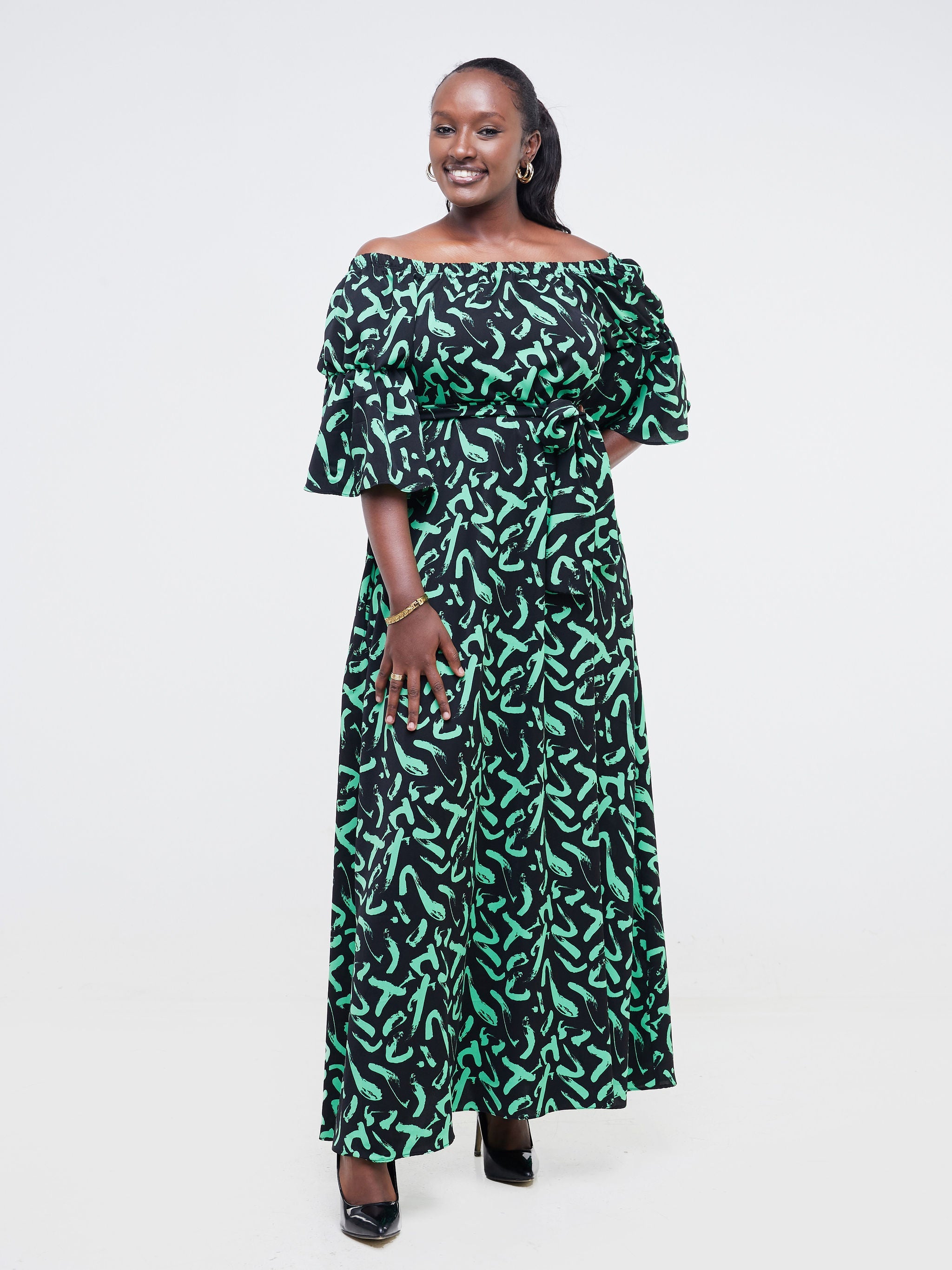 Vivo Tana Off Shoulder Maxi Dress - Black / Green Abstract Print