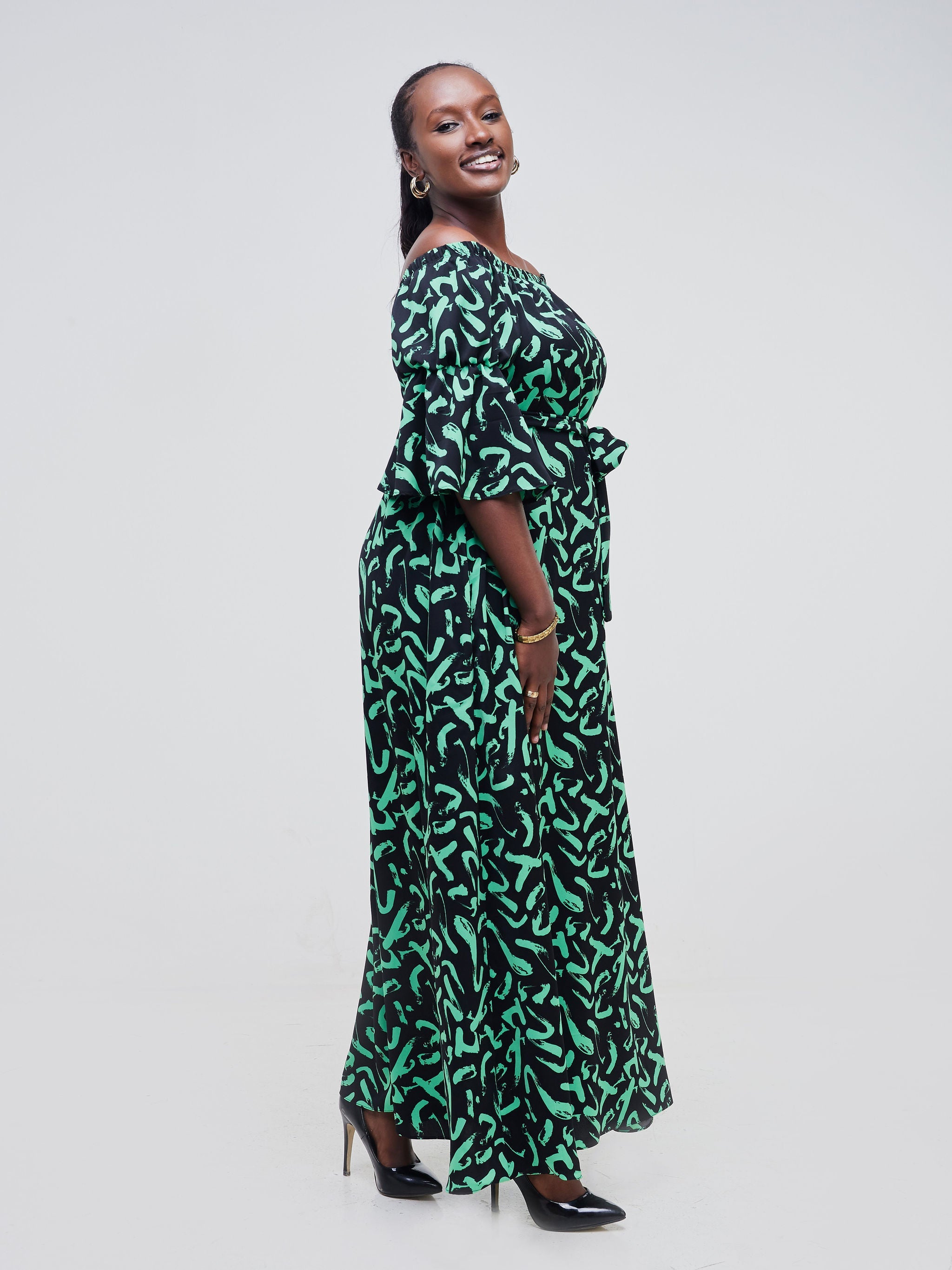 Vivo Tana Off Shoulder Maxi Dress - Black / Green Abstract Print