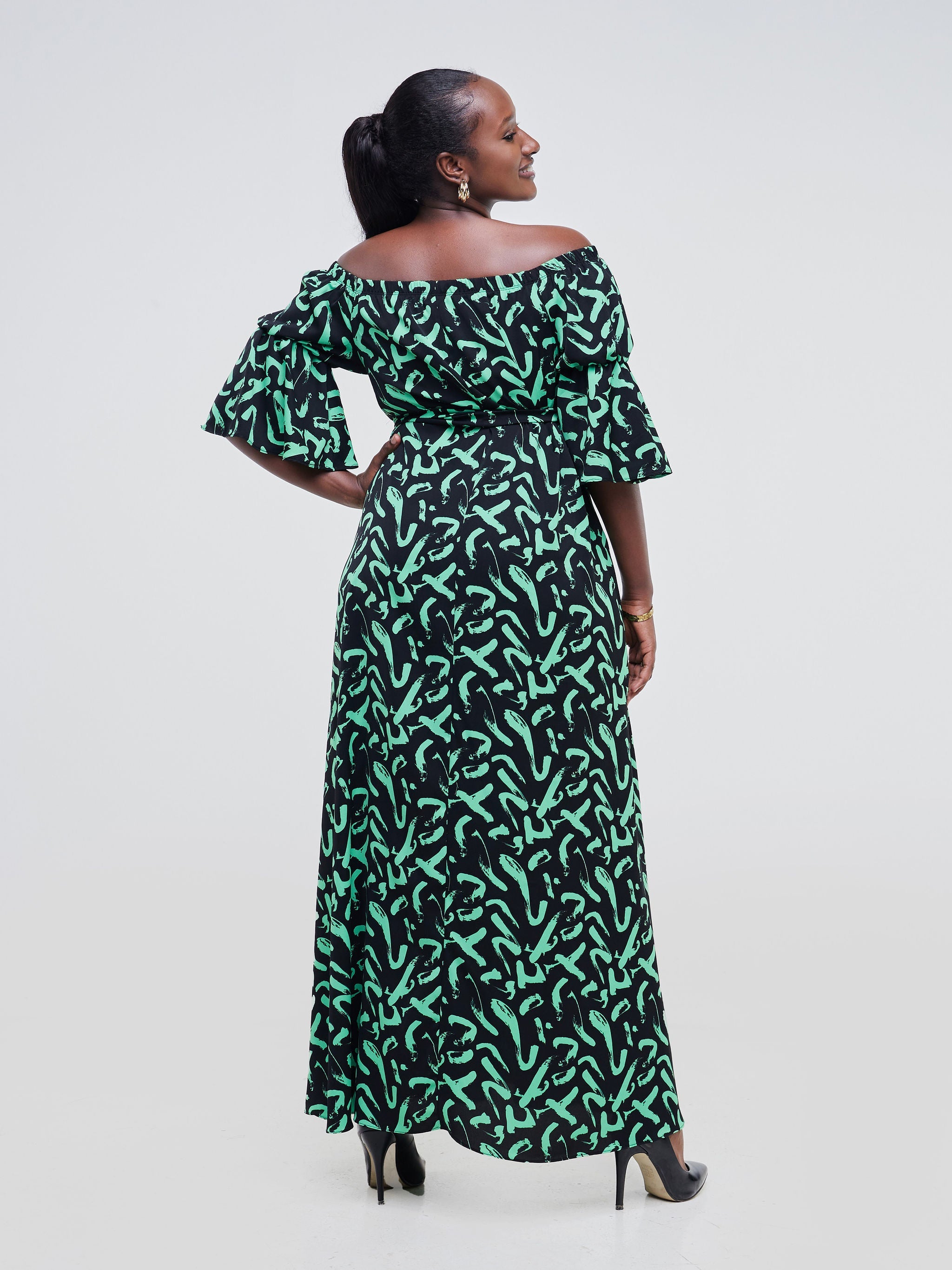 Vivo Tana Off Shoulder Maxi Dress - Black / Green Abstract Print