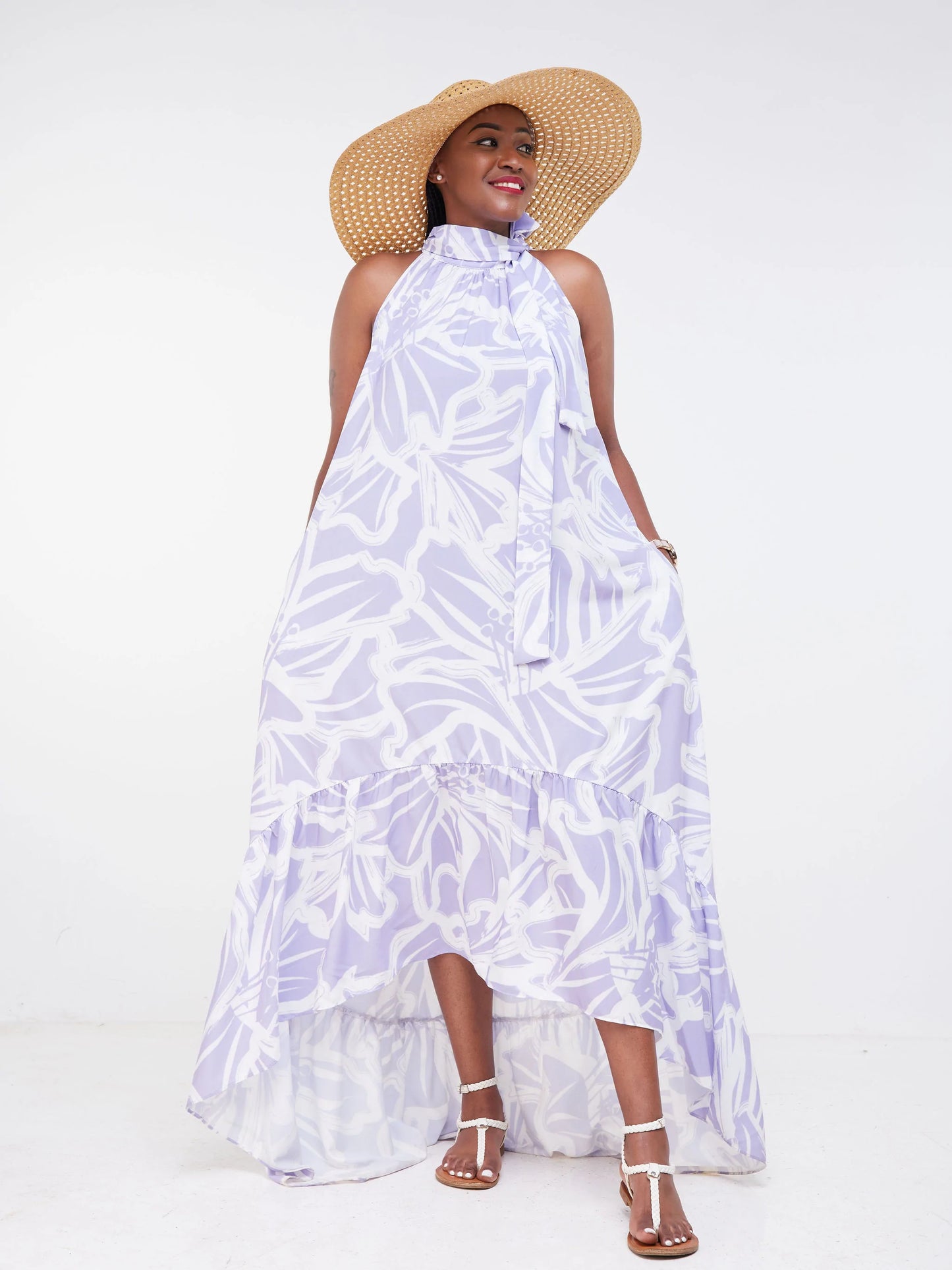 Vivo Malindi Halter High Low Midi Dress (JK) - Lilac / White Floral Print