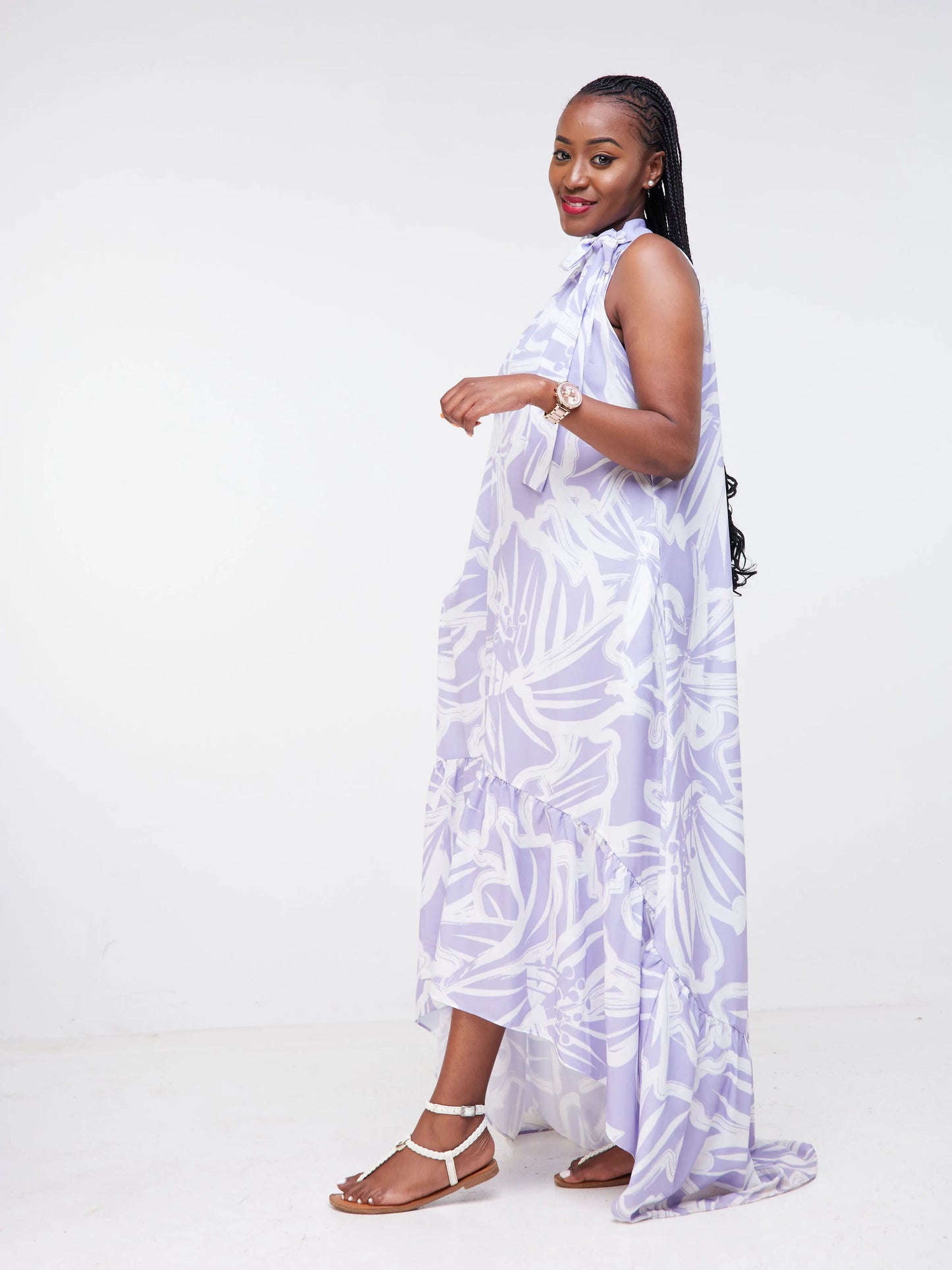 Vivo Malindi Halter High Low Midi Dress (JK) - Lilac / White Floral Print