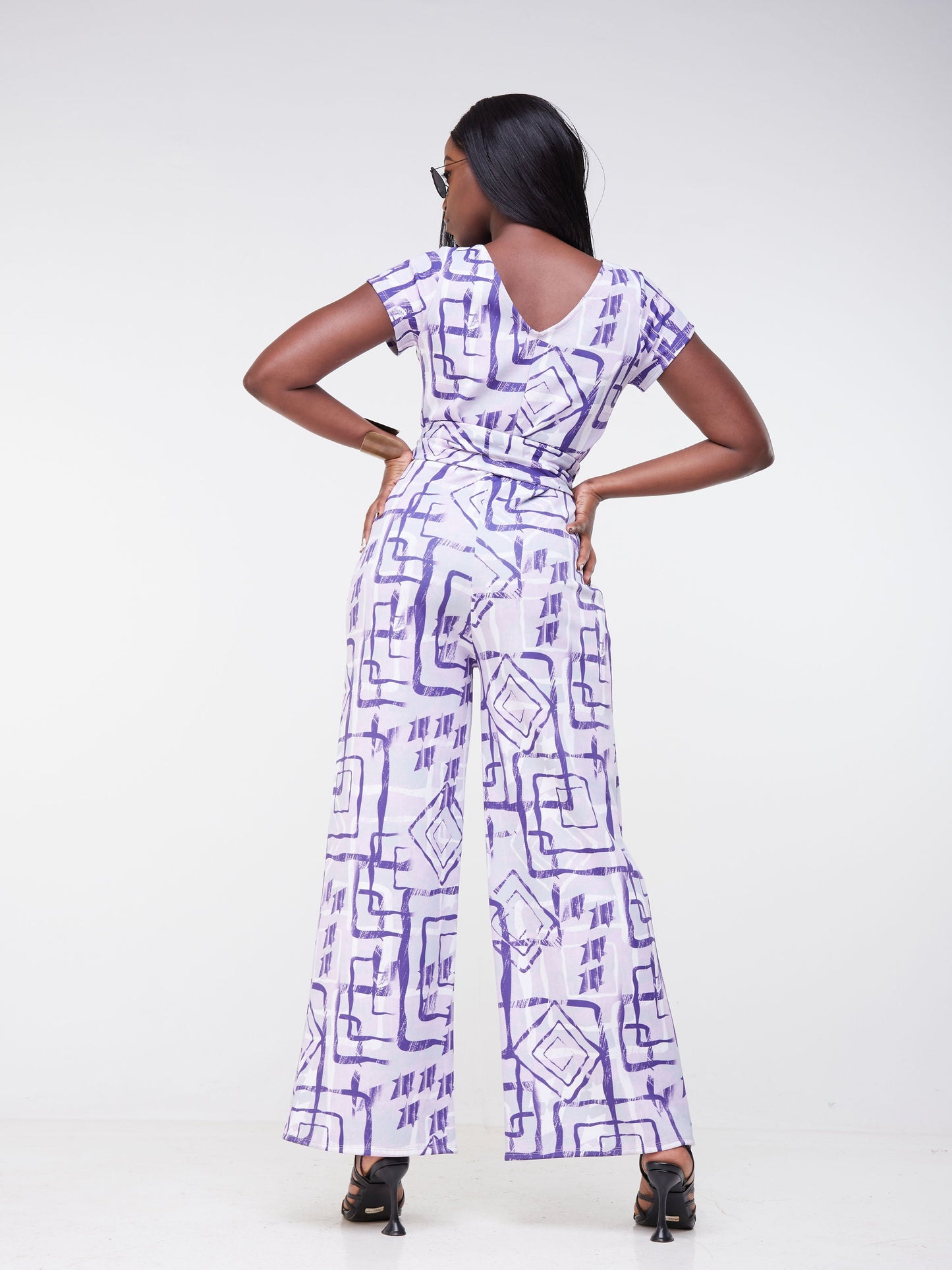 Vivo Tuni Short Sleeved Jumpsuit - Purple / Grey Abstract Print