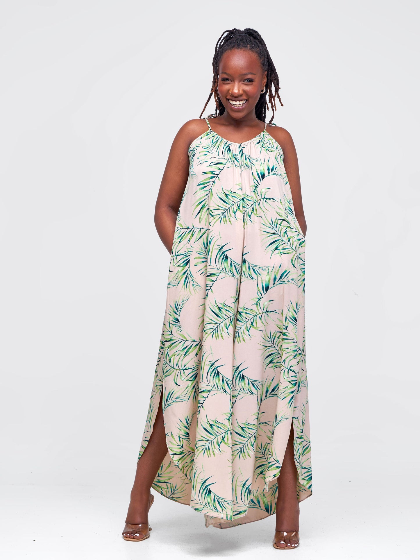 Vivo Maisha Strappy Culotte Jumpsuit - Taupe / Green Leaf Print