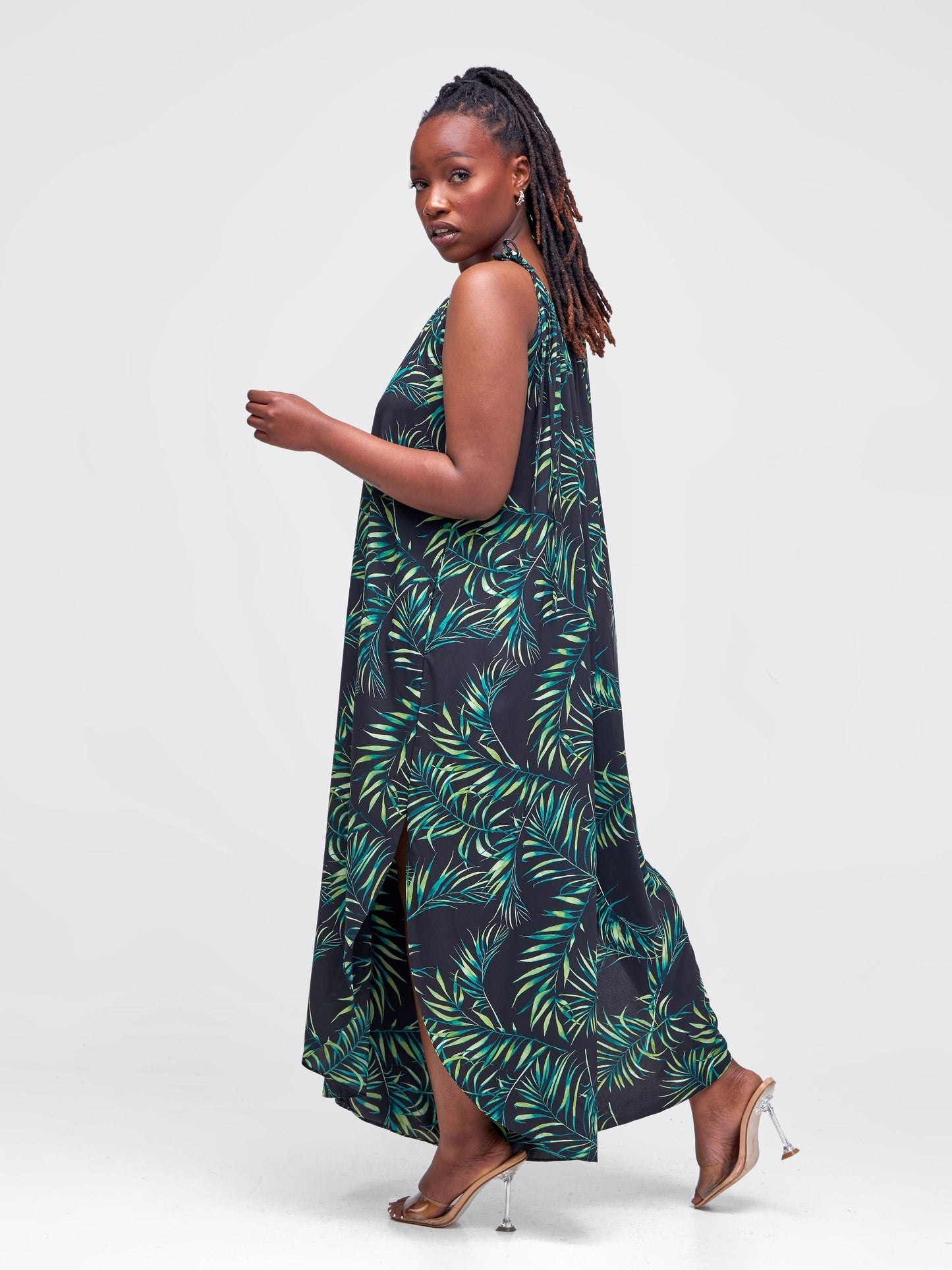 Vivo Maisha Strappy Culotte Jumpsuit - Black / Green Leaf Print