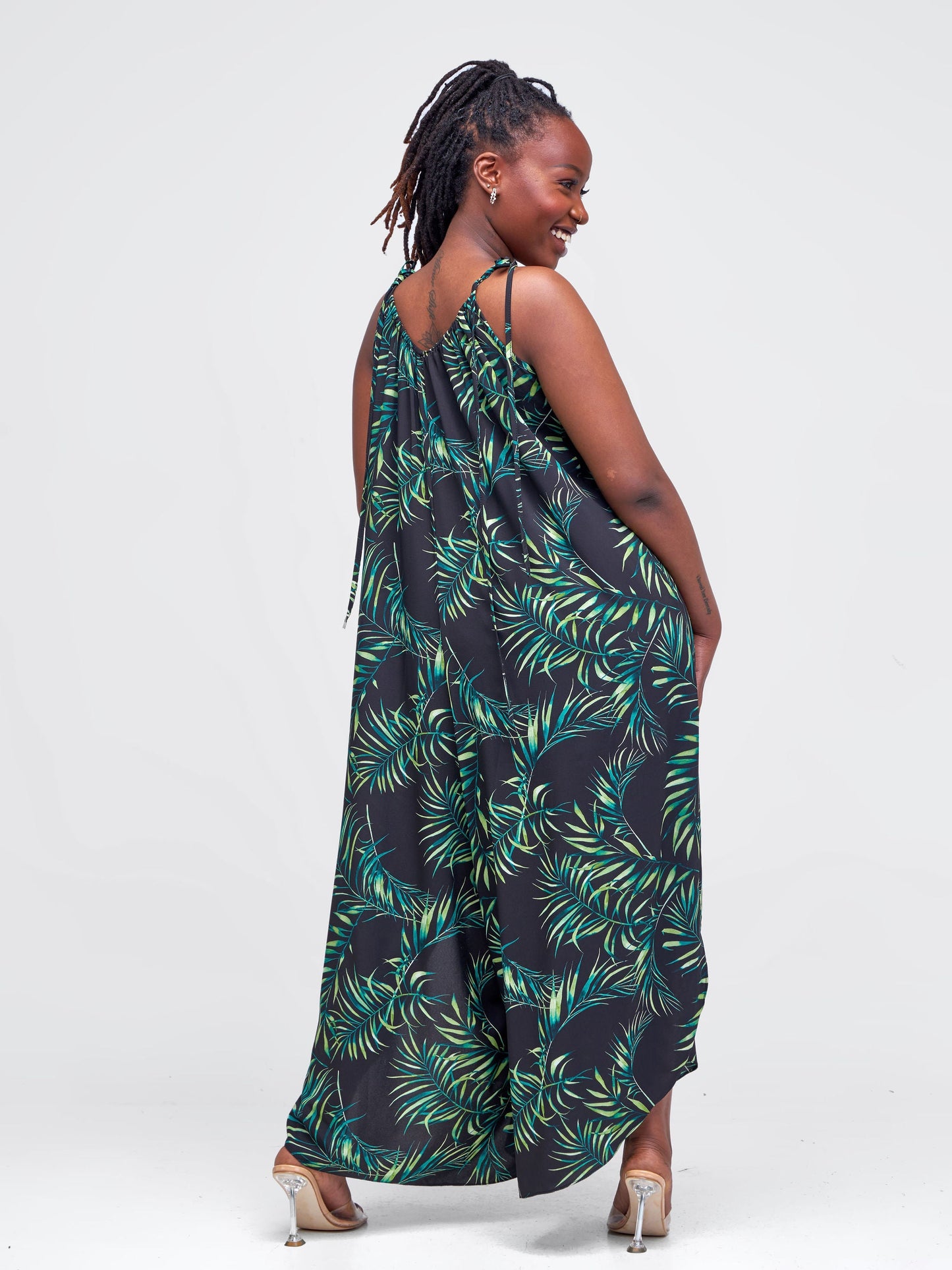 Vivo Maisha Strappy Culotte Jumpsuit - Black / Green Leaf Print