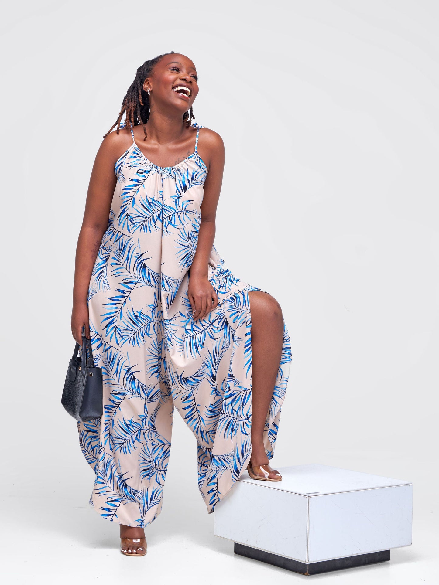 Vivo Maisha Strappy Culotte Jumpsuit - Taupe / Blue Leaf Print