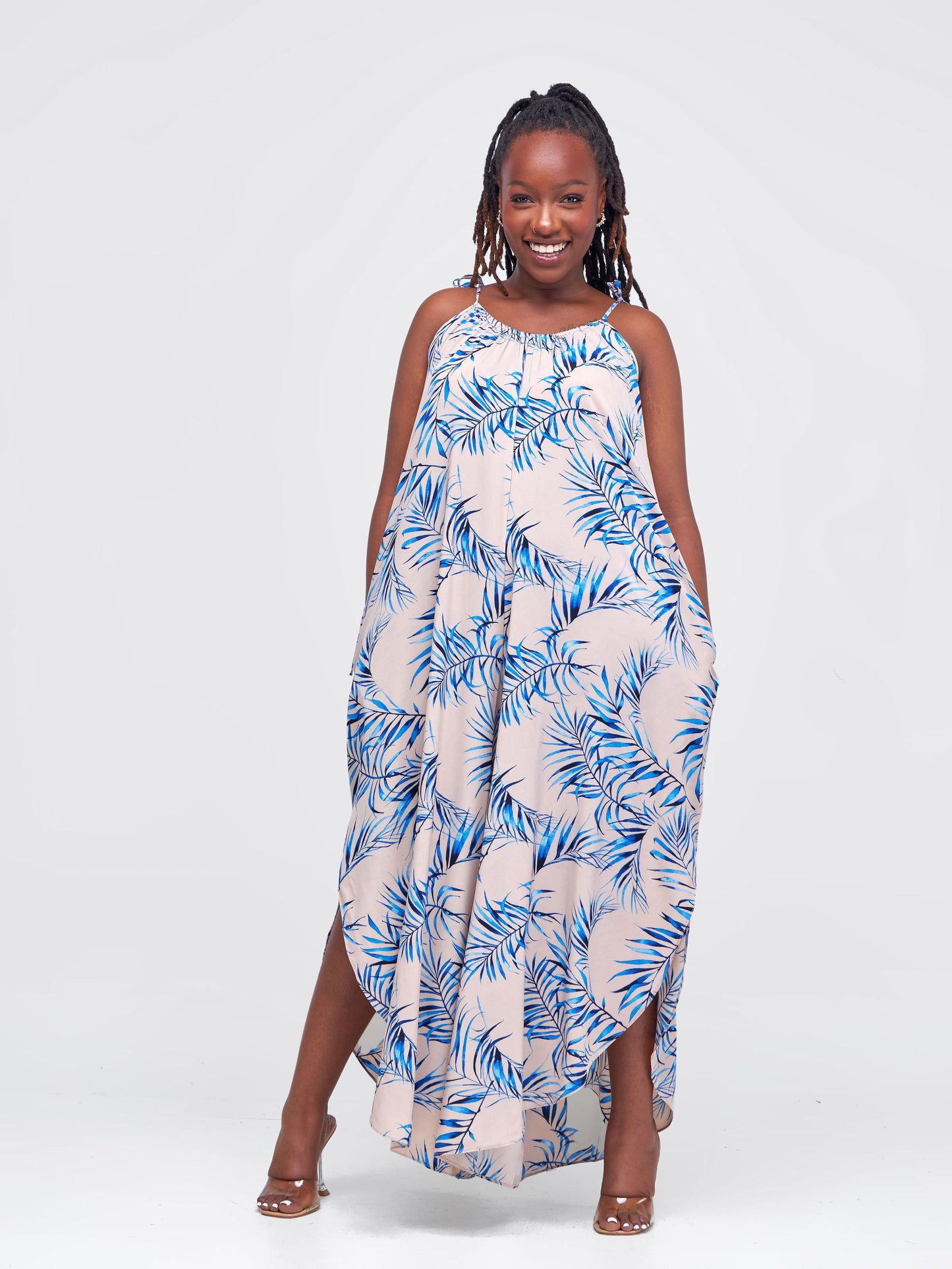 Vivo Maisha Strappy Culotte Jumpsuit - Taupe / Blue Leaf Print