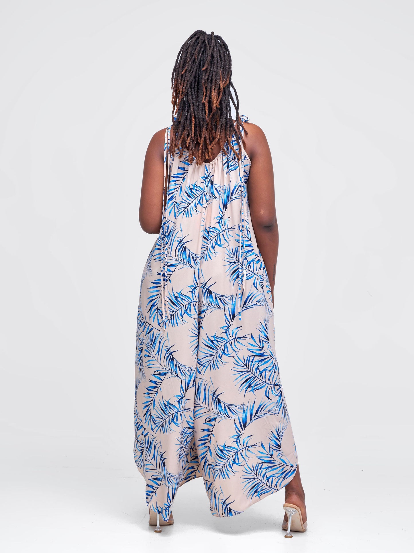 Vivo Maisha Strappy Culotte Jumpsuit - Taupe / Blue Leaf Print