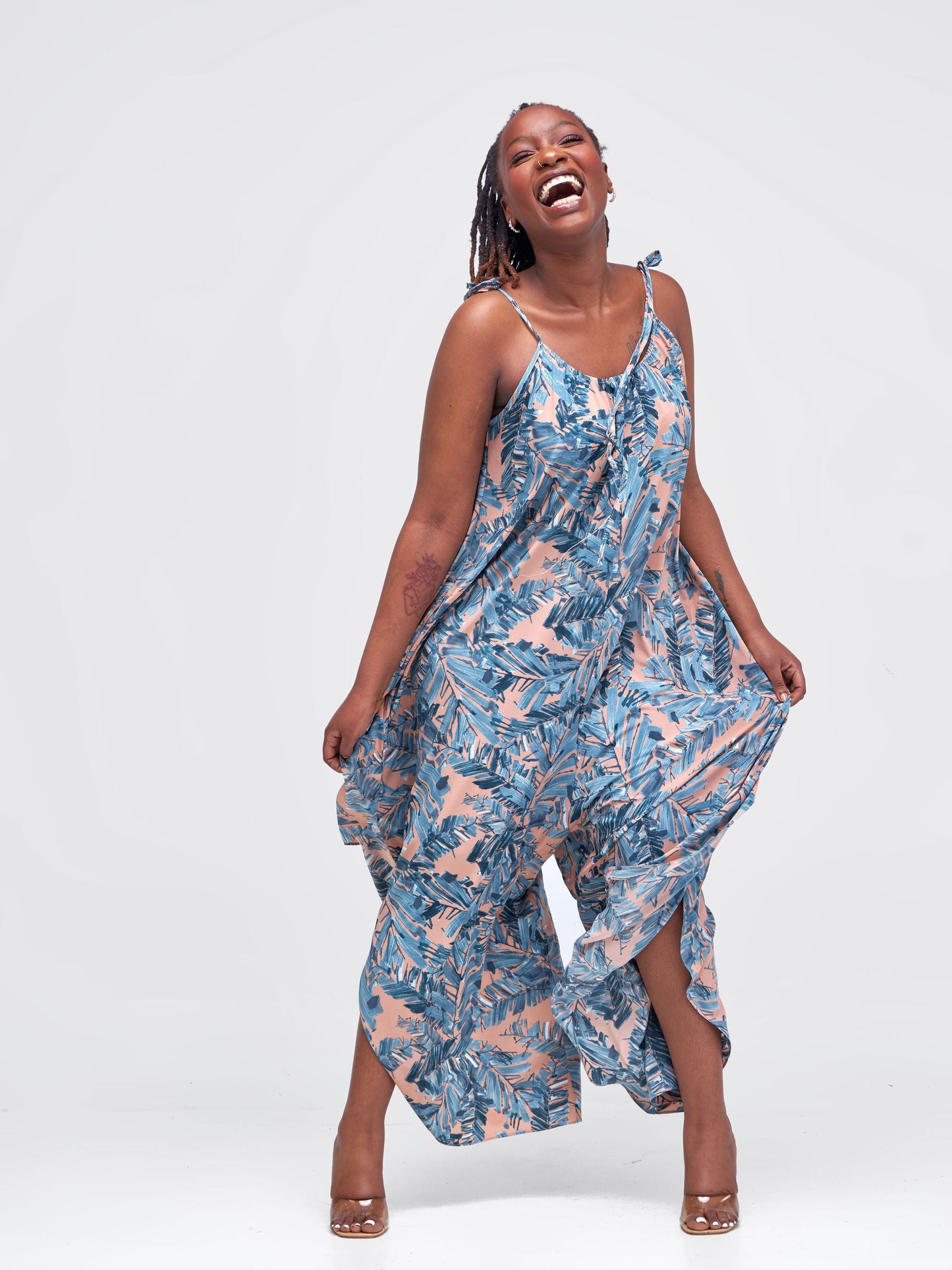 Vivo Maisha Strappy Culotte Jumpsuit - Brown / Dark Teal Abstract Print
