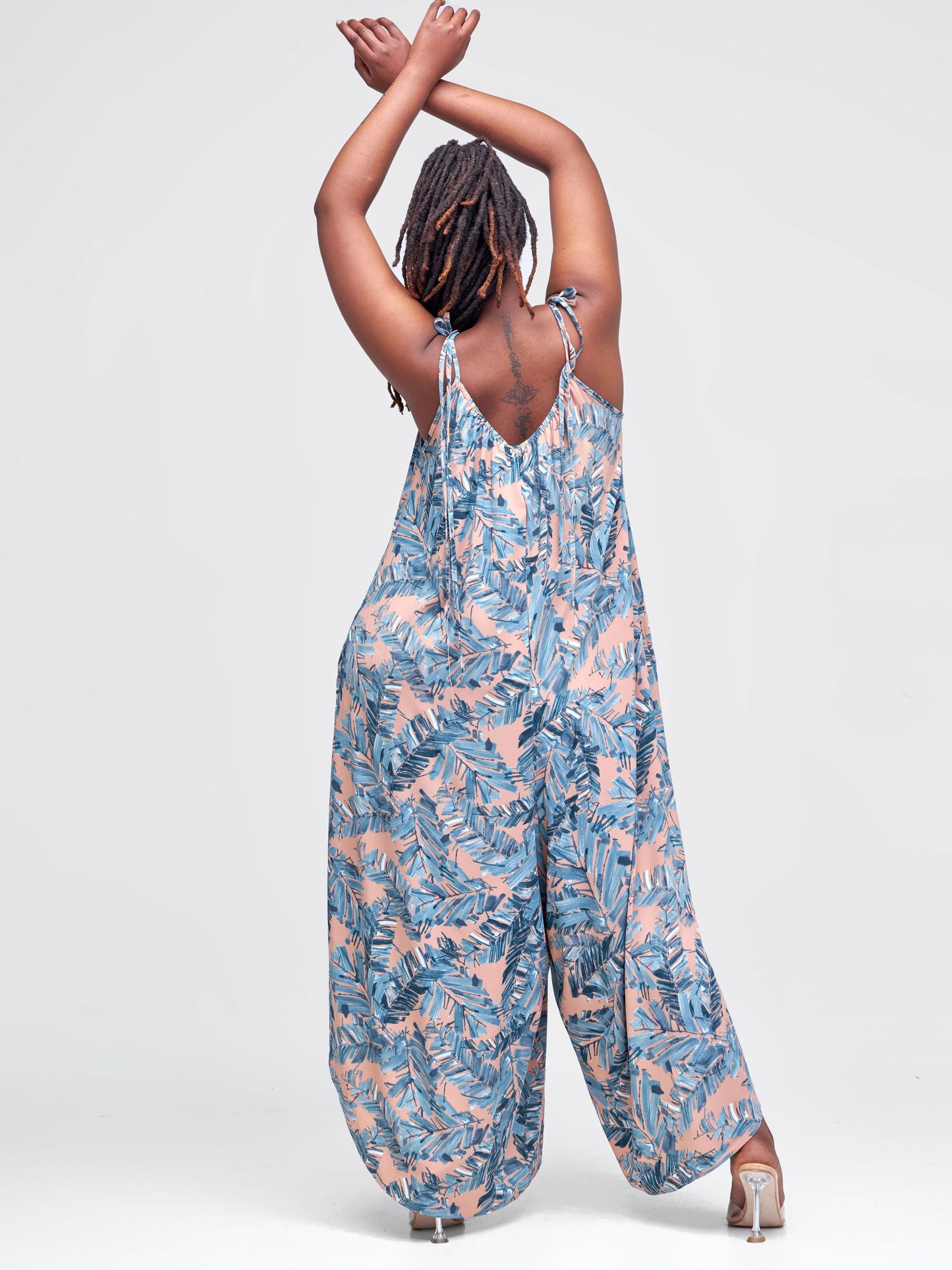 Vivo Maisha Strappy Culotte Jumpsuit - Brown / Dark Teal Abstract Print