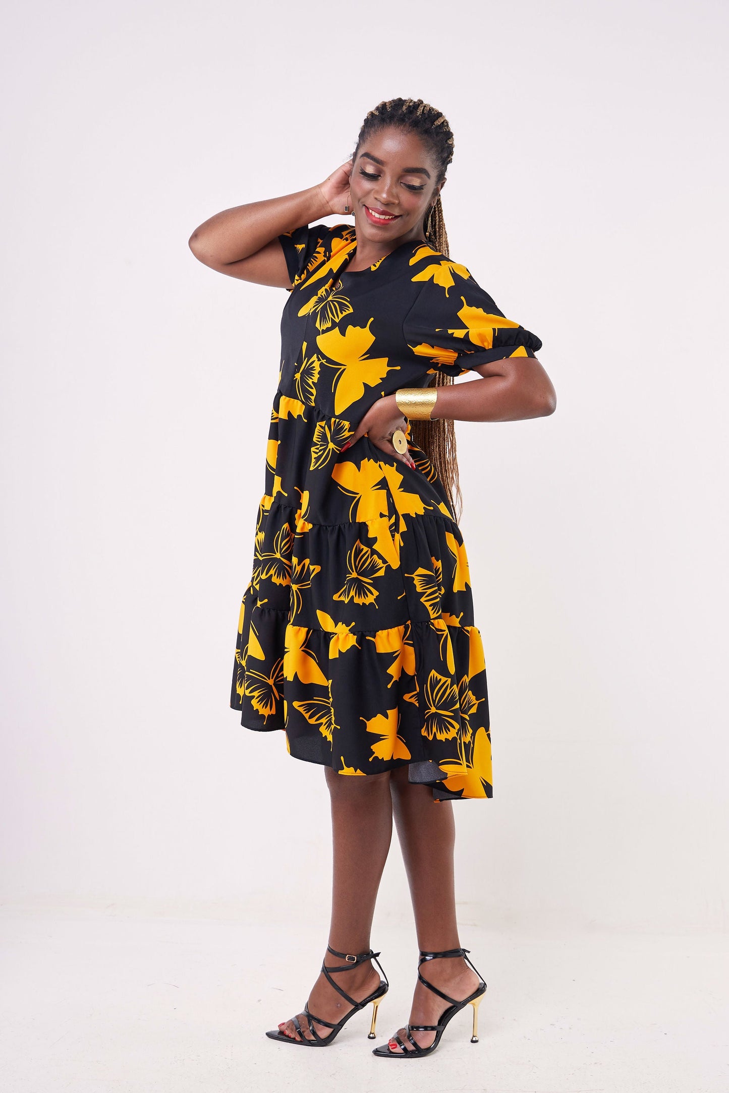 Vivo Wingu Three Tiered Knee Length Dress - Orange / Black Floral Print