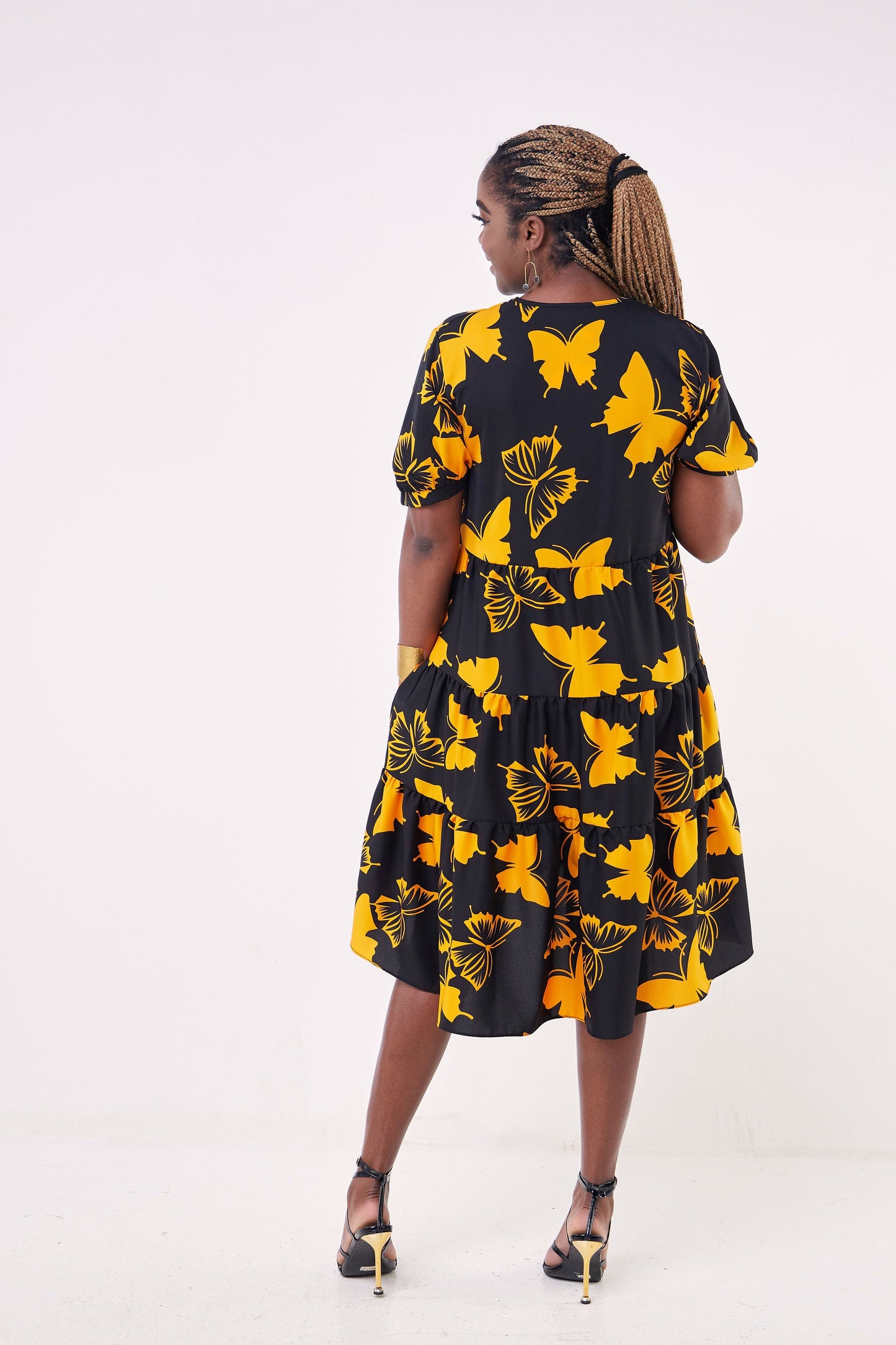 Vivo Wingu Three Tiered Knee Length Dress - Orange / Black Floral Print