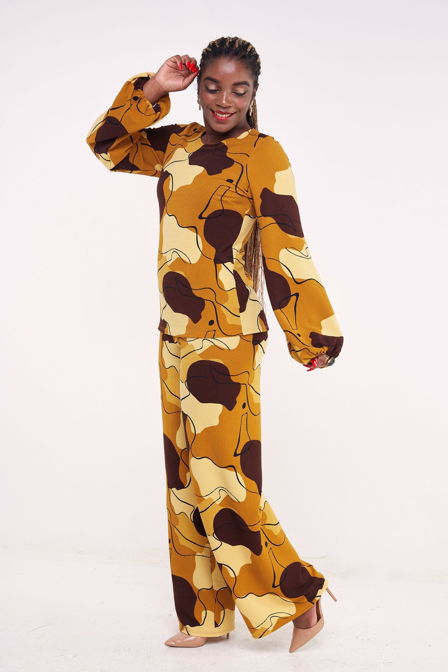 Vivo Basic Palazzo Pants - Mustard / Brown Abstract Print
