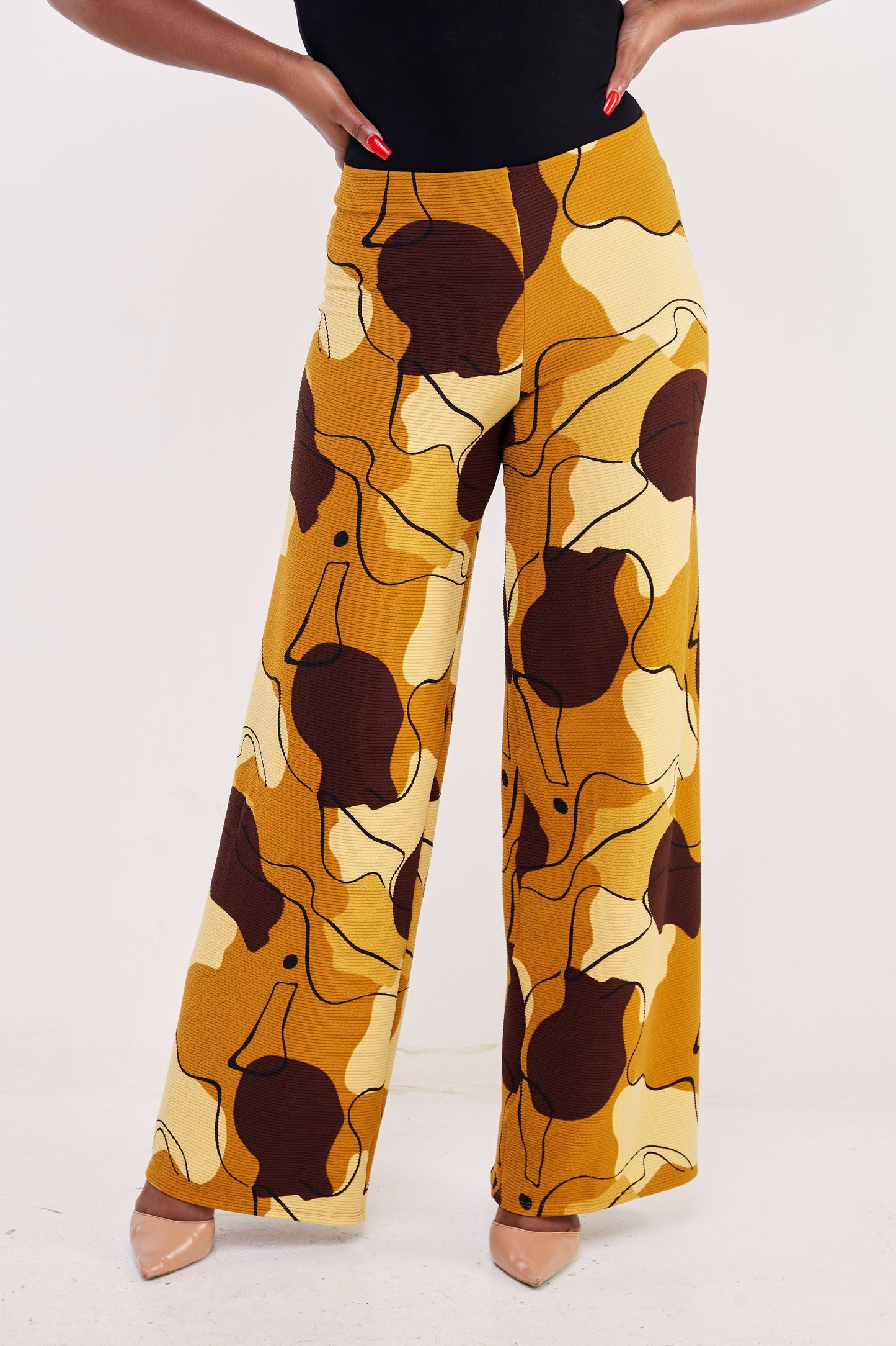 Vivo Basic Palazzo Pants - Mustard / Brown Abstract Print