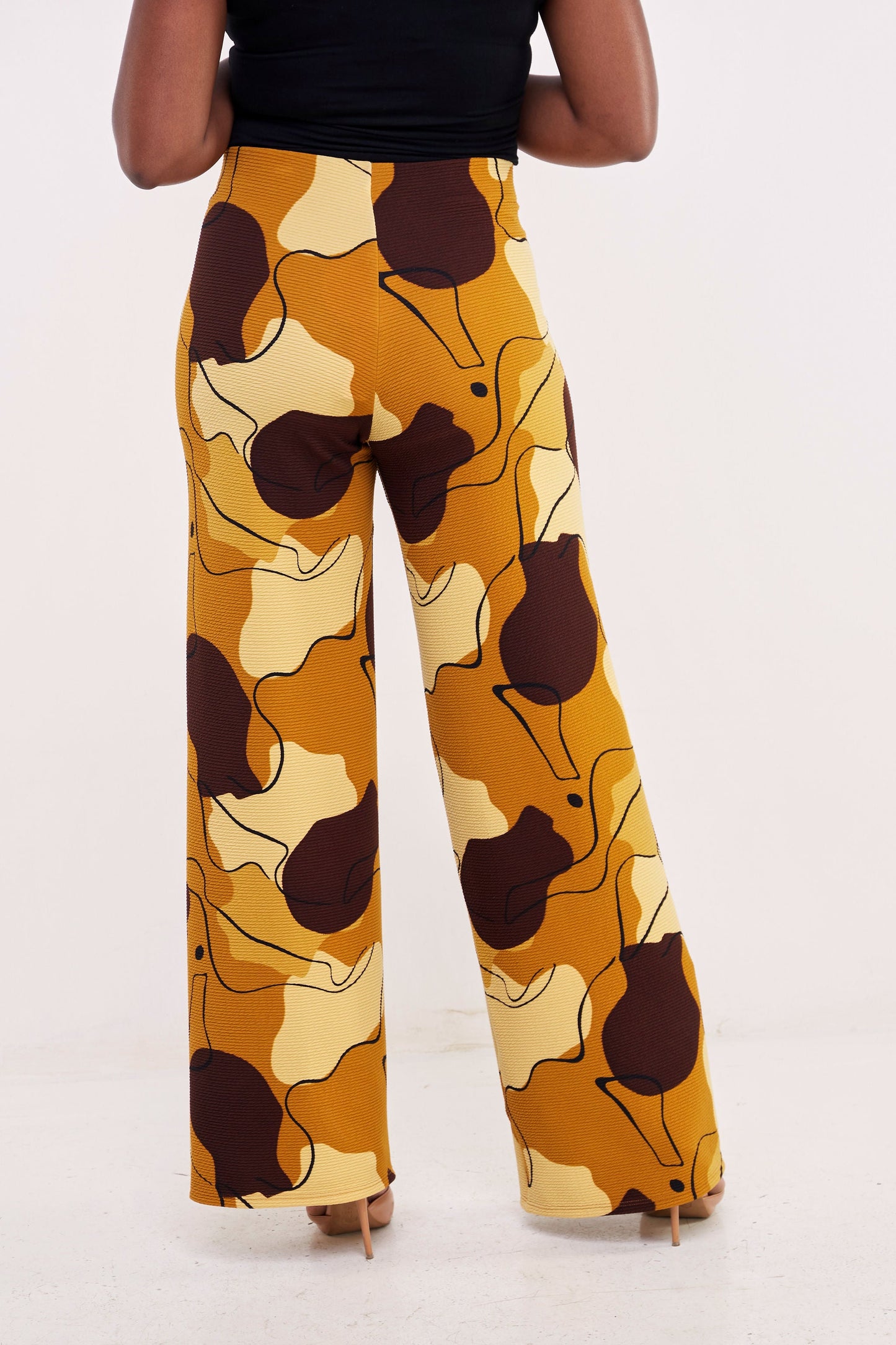 Vivo Basic Palazzo Pants - Mustard / Brown Abstract Print
