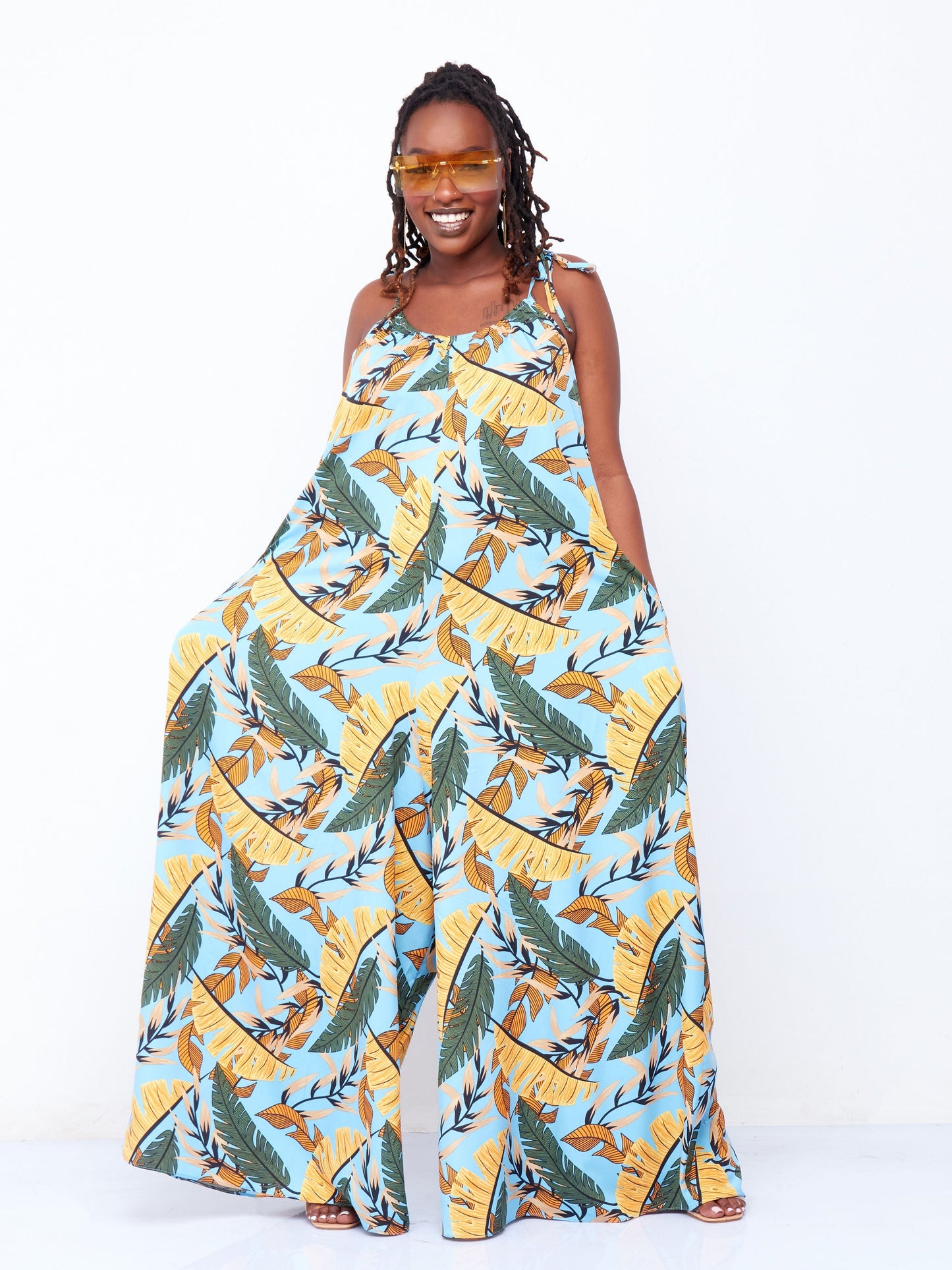 Vivo Diani Strappy Jumpsuit - Blue Floral Print