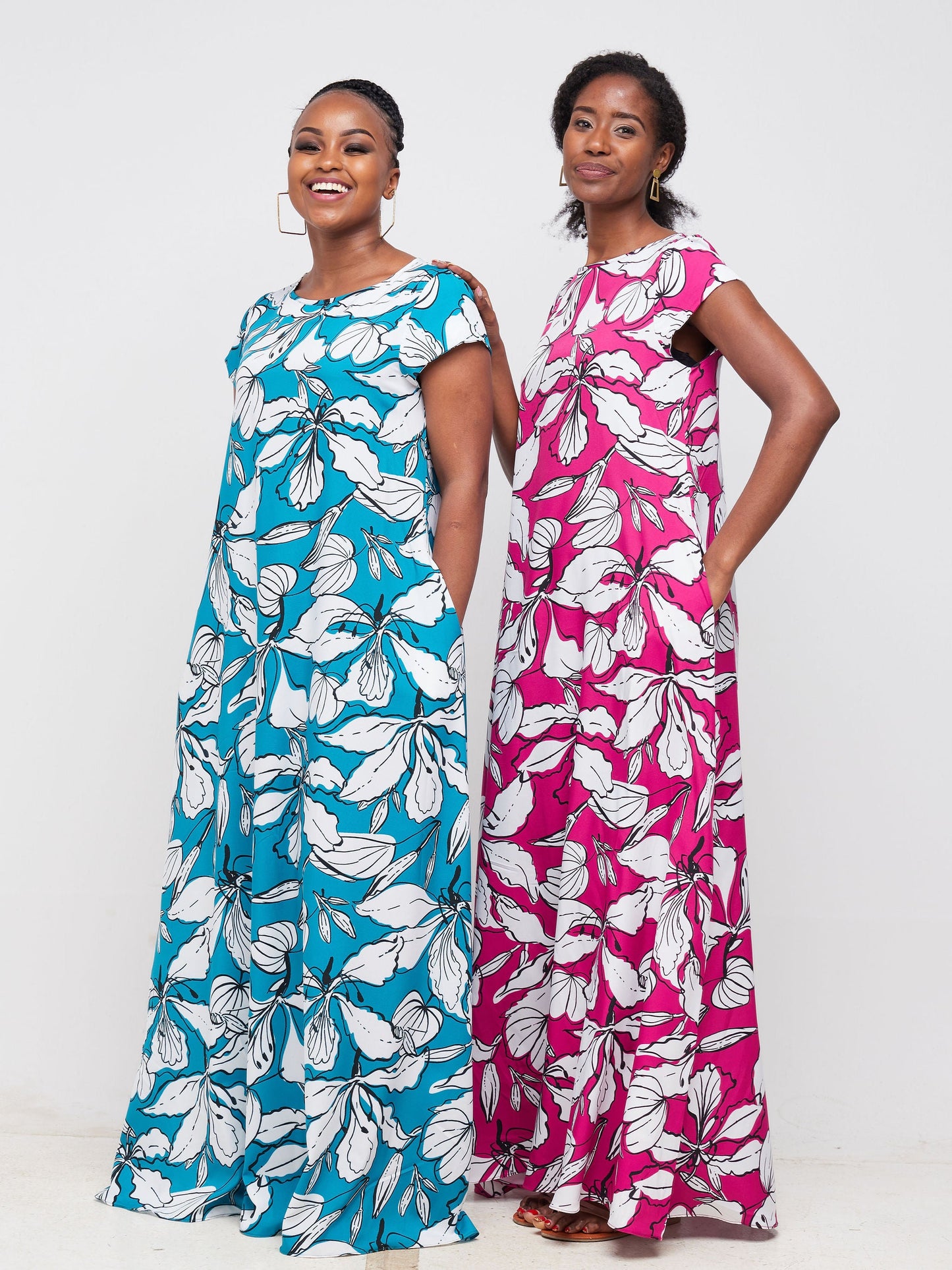 Vivo Basic Cap Sleeved Tent Maxi Dress - Teal / White Floral Print