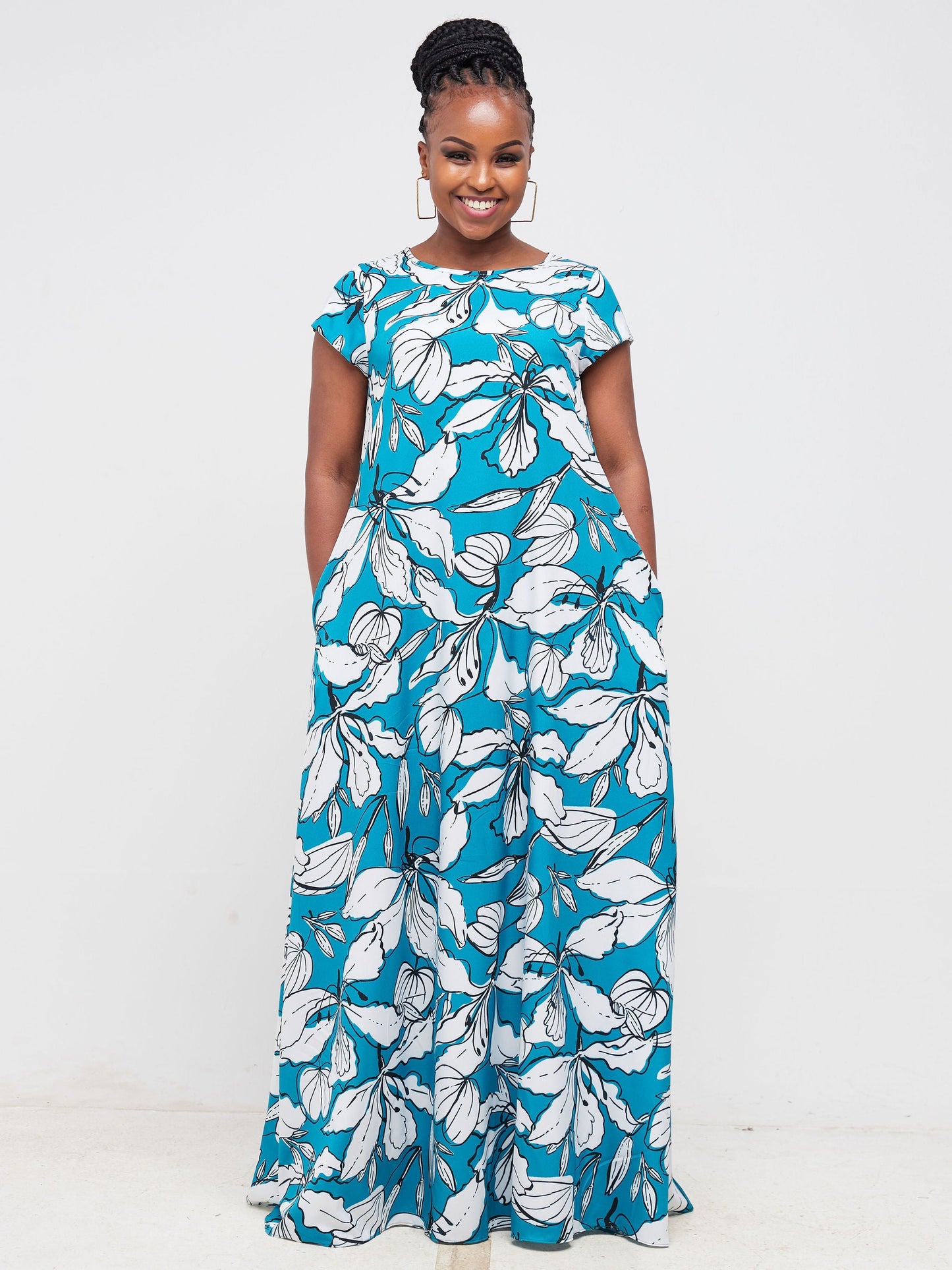 Vivo Basic Cap Sleeved Tent Maxi Dress - Teal / White Floral Print