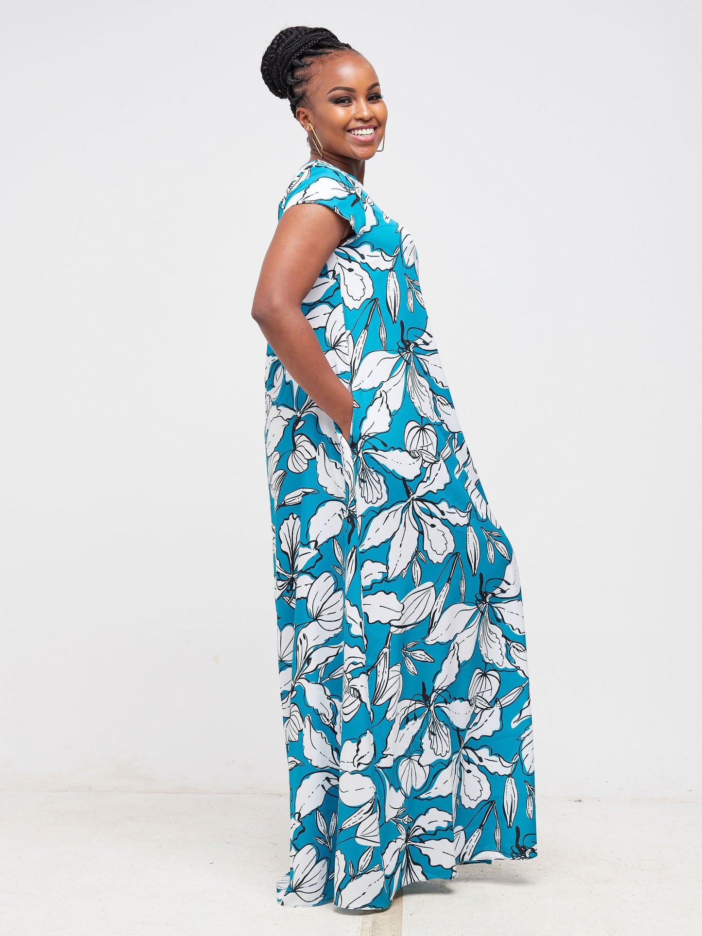 Vivo Basic Cap Sleeved Tent Maxi Dress - Teal / White Floral Print