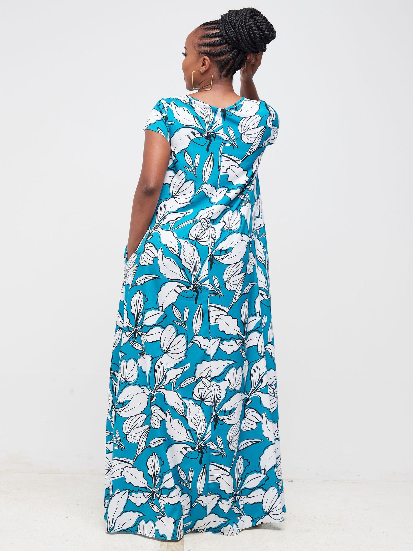 Vivo Basic Cap Sleeved Tent Maxi Dress - Teal / White Floral Print