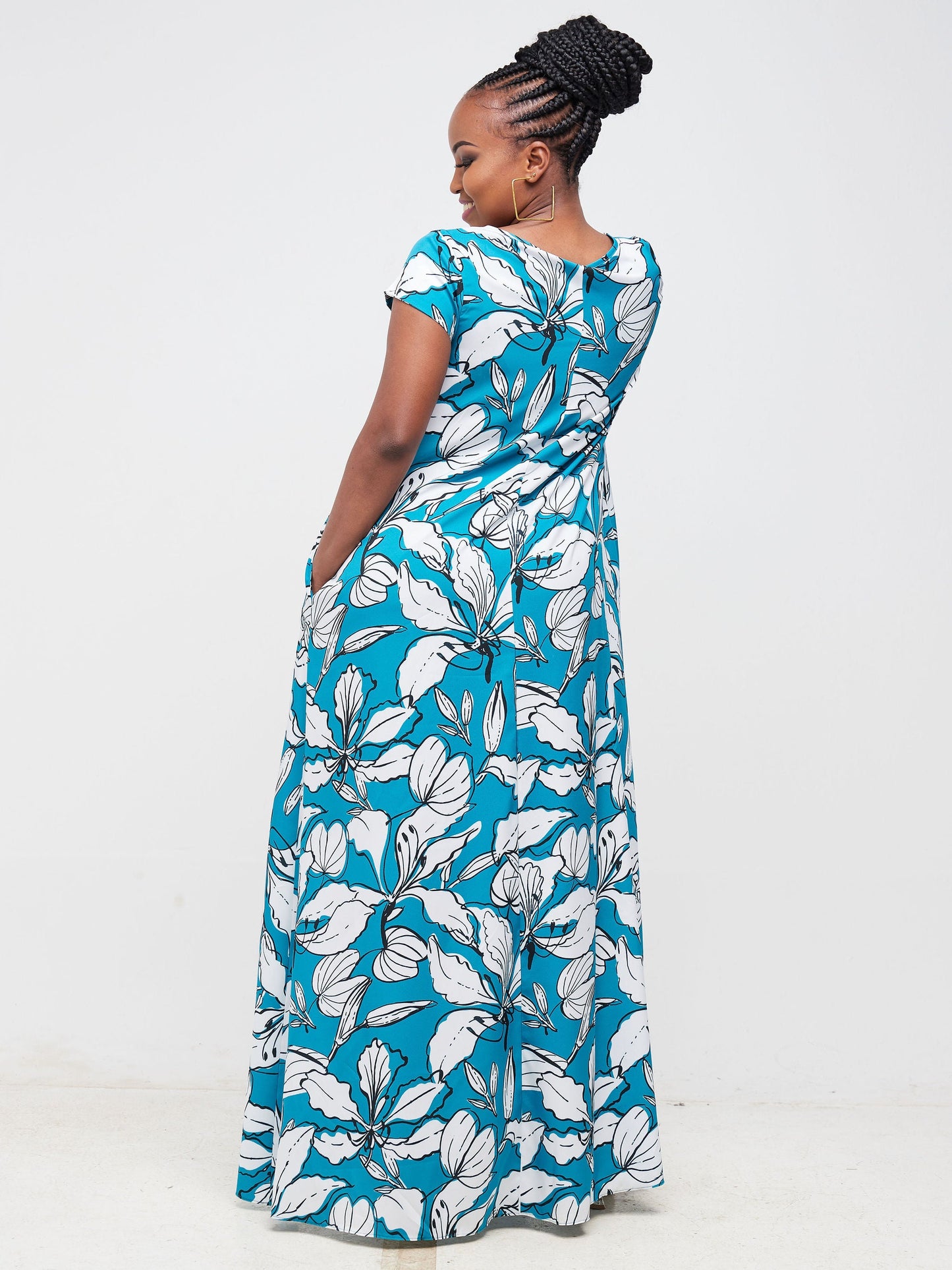 Vivo Basic Cap Sleeved Tent Maxi Dress - Teal / White Floral Print