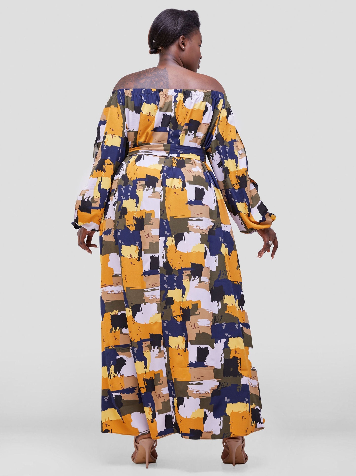 Vivo Maisha Off Shoulder Maxi Dress - Mustard / Navy Abstract Print