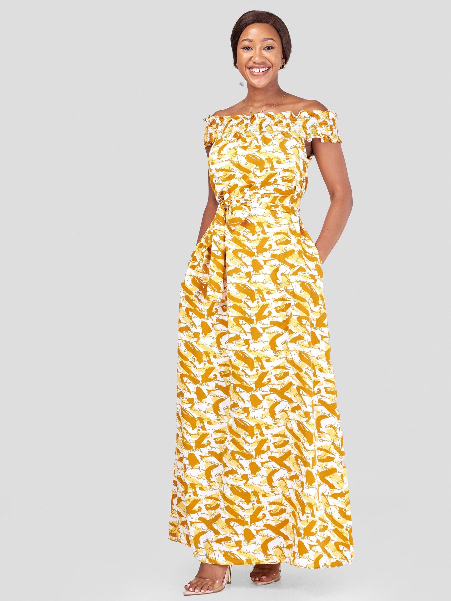 Vivo Alek Off-Shoulder Maxi Dress - White / Mustard Abstract Print