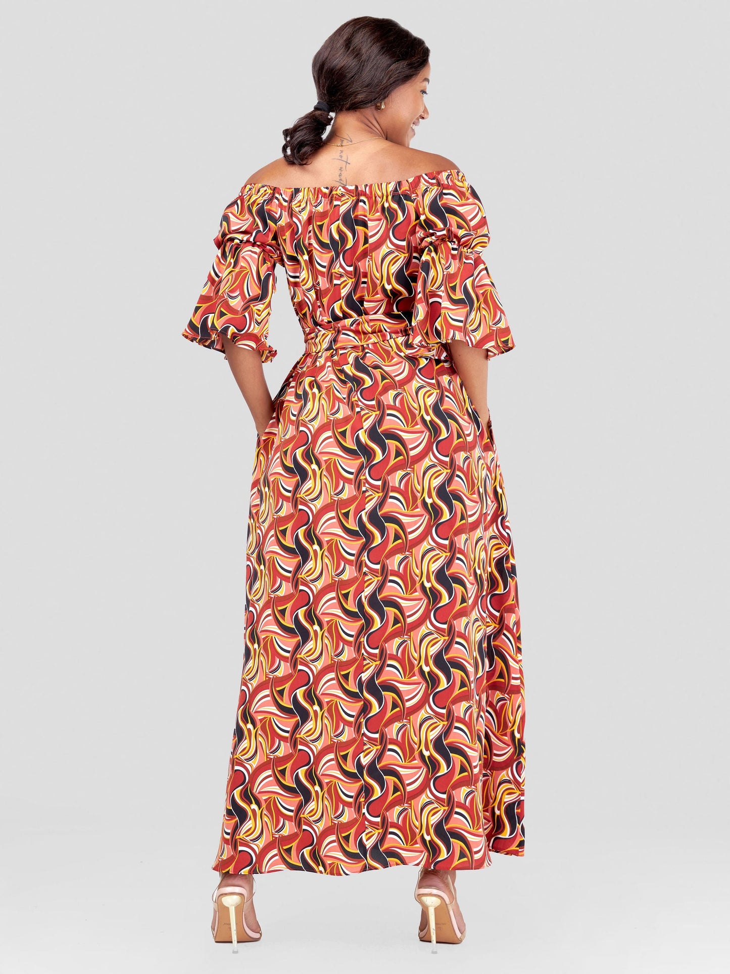Vivo Tana Off Shoulder Maxi Dress - Mustard / Peach Abstract Print